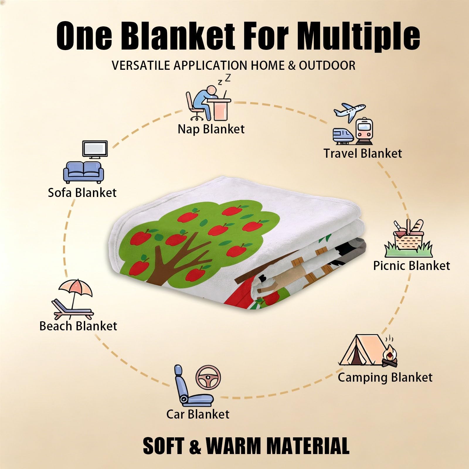 Generisch Manta suave de franela de 150 x 200 cm, con granero, cercas, animales, árboles, dibujos animados, estilo pastoral, suave manta para sofá, cama, habitación de los niños, manta como regalo