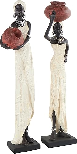 Deco 79 Polystone - Escultura africana de pie con macetas de agua rojas y base negra juego de 2 16 pulgadas de alto 4 pulgadas de ancho color crema