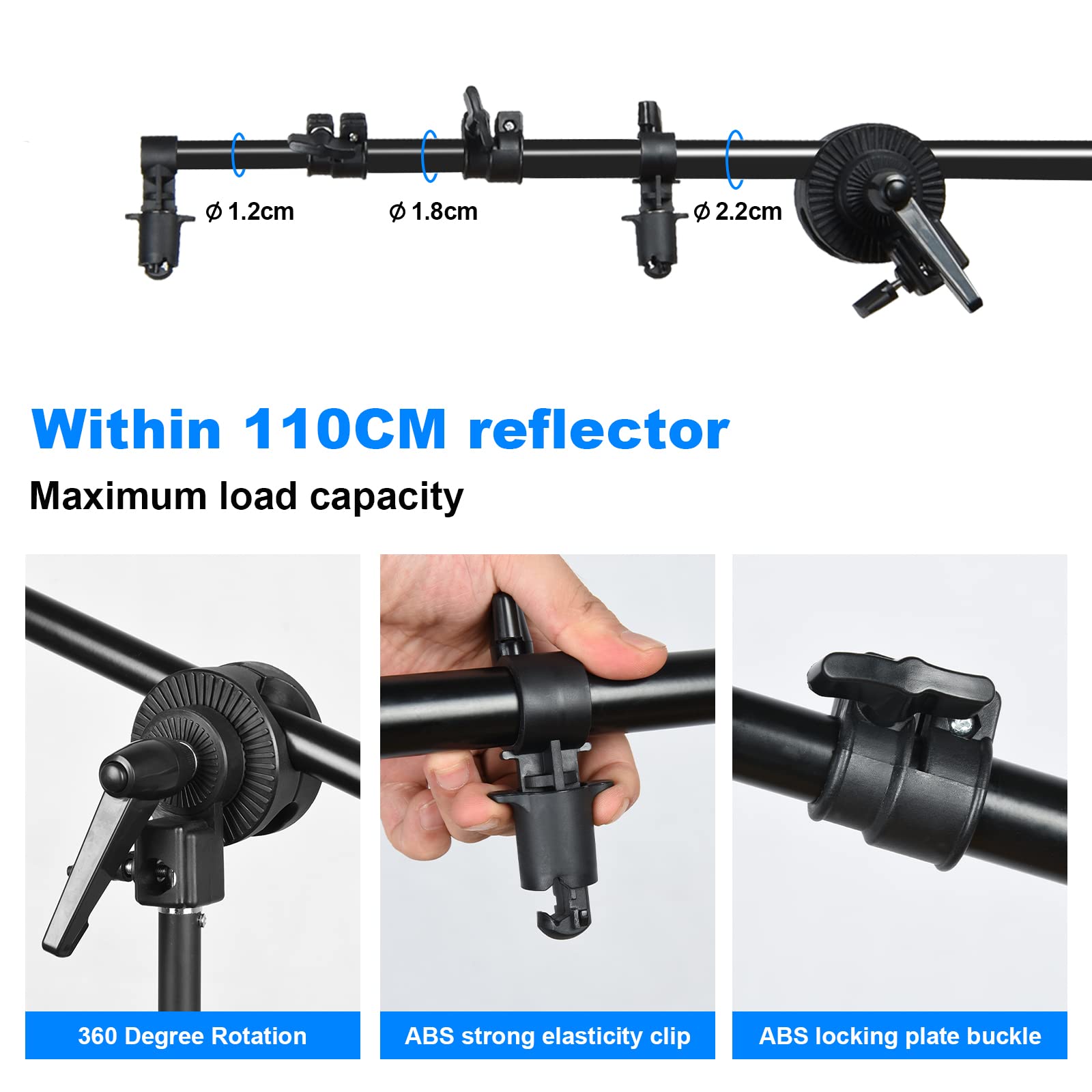 soonpho Reflektorhalter Ausziehbarer Auslegerarm 66-170cm, Aluminium Reflektorhalter mit 360 Grad Drehung, Schwarz, Extendable Reflector Holder für Fotostudio Lichtstativ