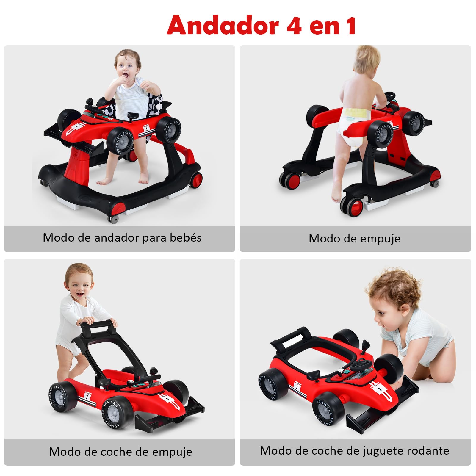 GOPLUS Andador Bebes 4 en 1, Andador Plegable con Altura Ajustable en 3 Niveles, Ruedas de Velocidad Regulable y Cojín Extraíble, Tacatá para Bebé 6-18 Meses con Luces, Música y Volante (Rojo) — view 2