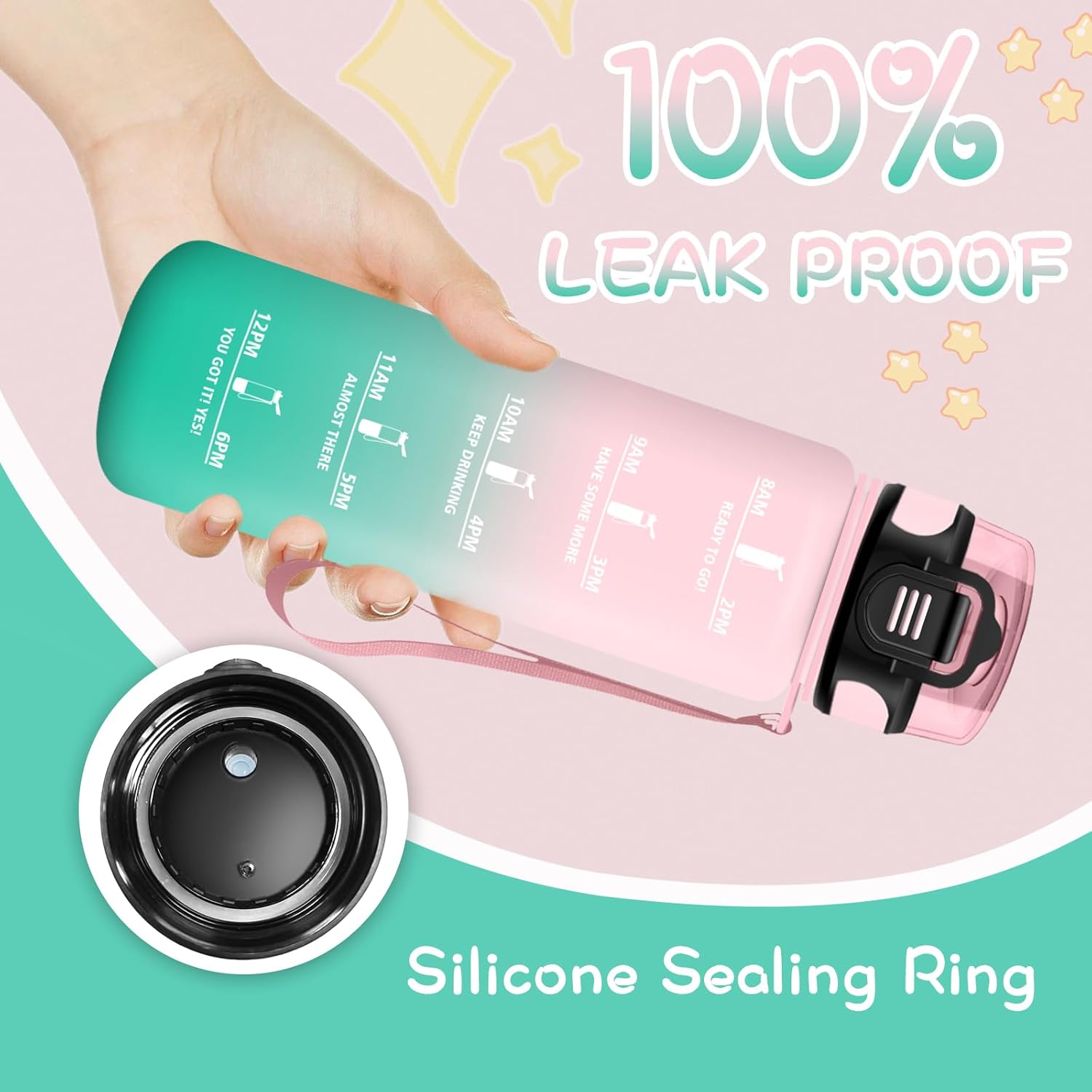 Children's Water Bottle, 500 ml, Leak-Proof, Water Bottle with Time Marking, Easy to Clean, Girls' Sports Drinking Bottle for School, Travel, Camping, Pink-Cyan