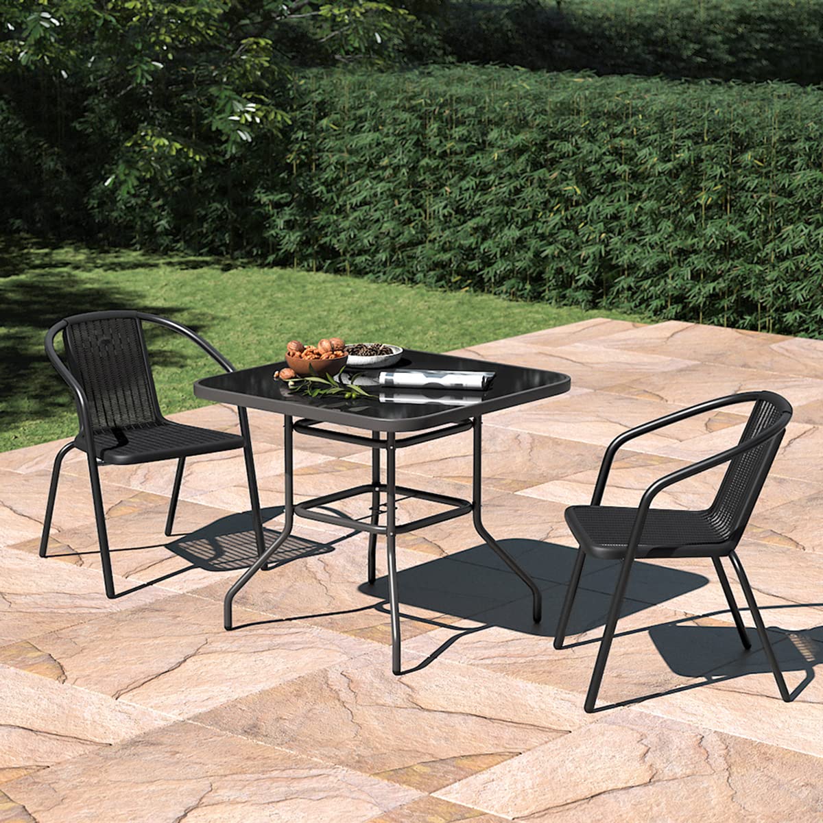 The Fellie Garden Furniture Set Outdoor Dining Table and Chairs Patio Tempered Glass Table Top with Umbrella Hole Wicker Stacking Chairs Seat(80cm Square Table+2PC Chair)