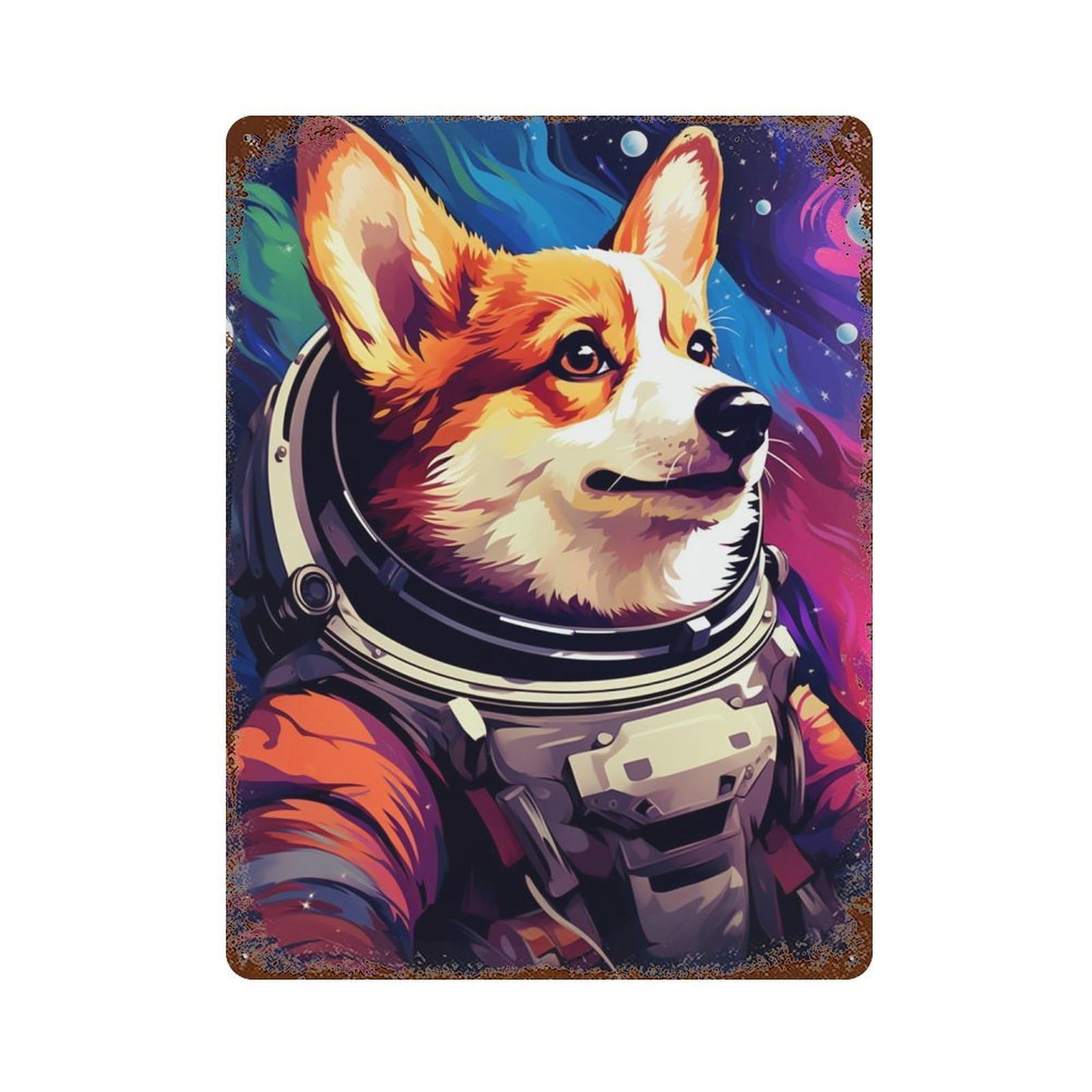 Garage Style Corgi Astronaut Space Suit-2 Rust Effect Tin Sign 15.7"x11.8", Shabby Chic Decor for Bar And Workshop