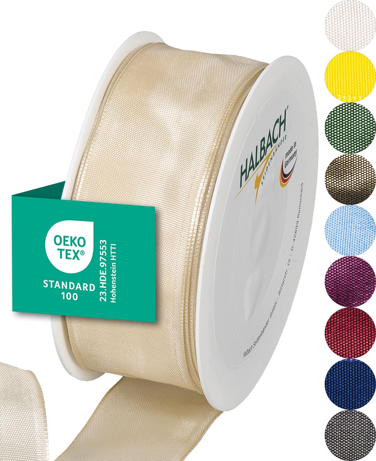 Halbach Seidenbänder Premium Geschenkband mit Drahtkante | Breite 40mm Länge 25m | Öko-Tex 100 zertifiziertes Schleifenband | Taftband Made in Germany, Farbe: sand