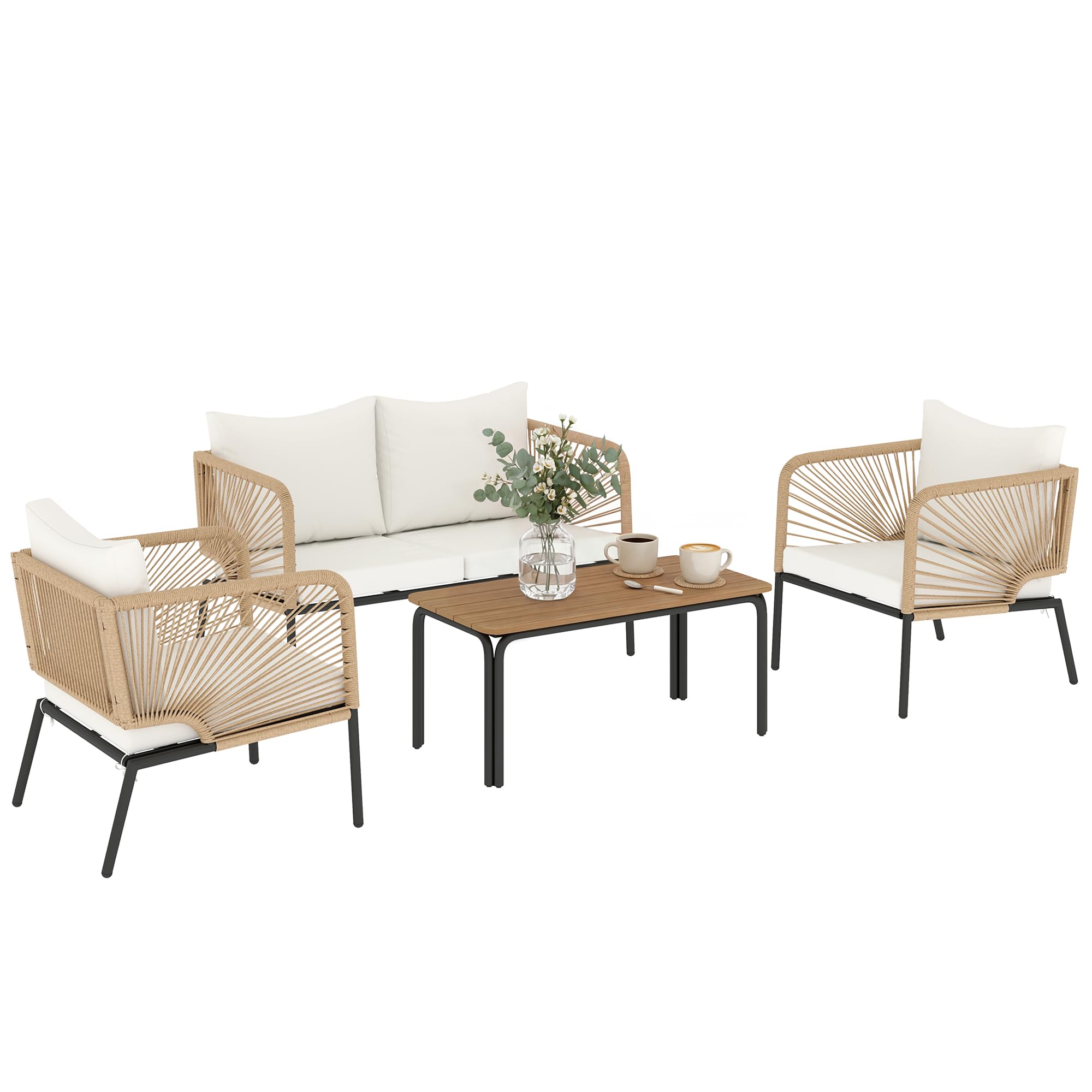 Outsunny Conjunto Jardín Exterior de 4 Piezas con Sofá de 2 Plazas Blanco | 2 Sillones, Mesa de WPC, Ratán PE Tipo Cuerda, Cojines Acolchados, Marco de Metal, para Terraza