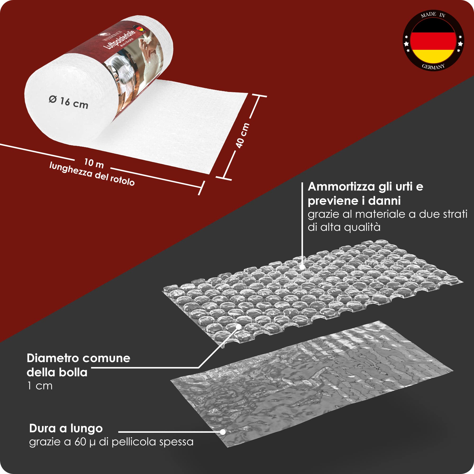 WEIDEBACH® 2 strati di pluriball, 10 m x 40 cm pluriball imballaggio per la massima protezione del trasporto, rotolo di pluriball resistente allo strappo, spesso 60 µ, imballaggio bolle