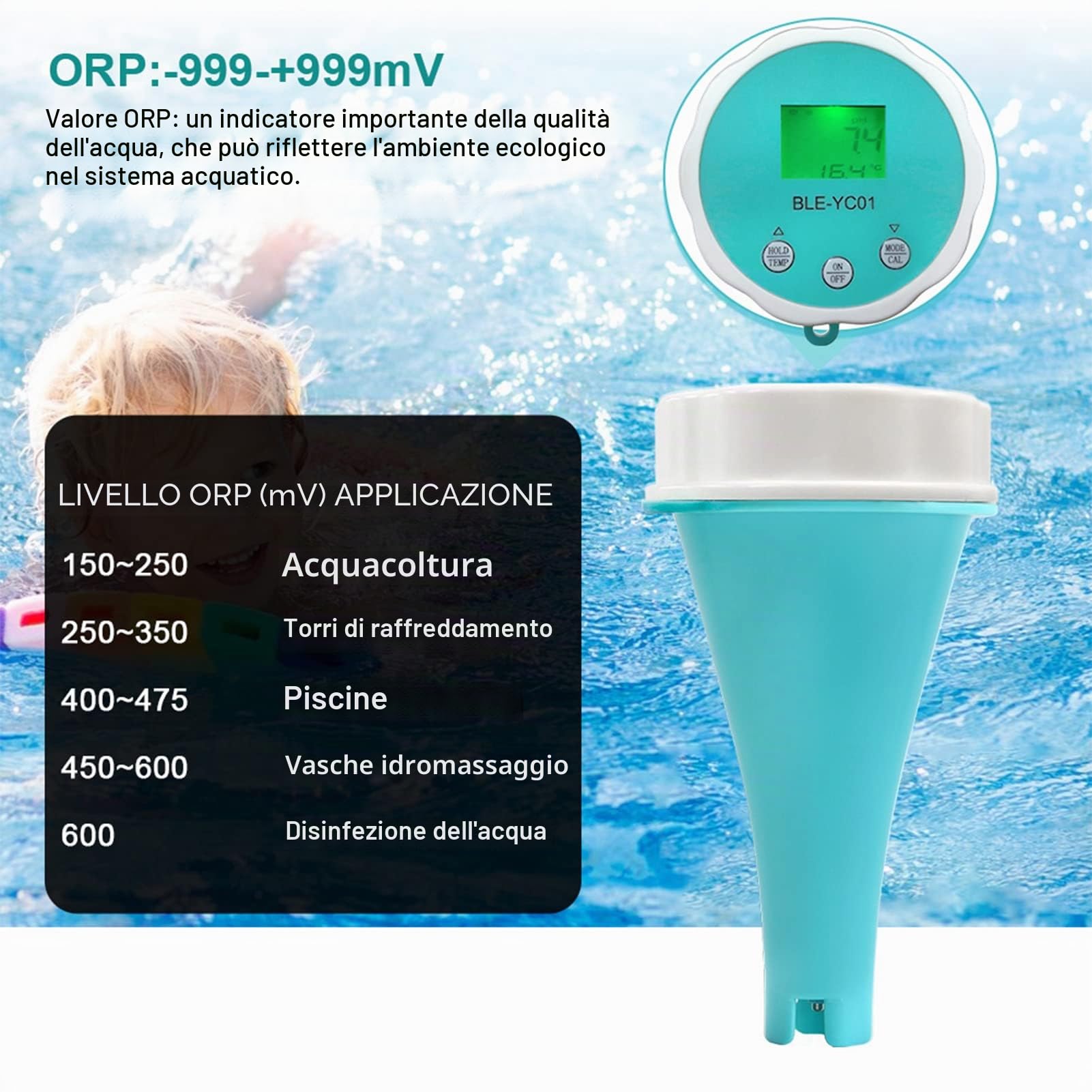 Tester Dell'acqua Digitale, Misuratore Dell'acqua, 6 in 1 PH EC TDS ORP TEMP Penna per Tester Dell'acqua per Cloro Residuo per Piscina con Acqua Potabile