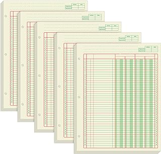 Fulmoon 5 Pack 250 Sheets Ledger Paper Accounting Columnar Pads 3 Hole Analysis Accounting Ledger Book for Business, 50 Sheets/Pack, Single Page Format, Green(8.5 x 11 Inch,4 Columnar)