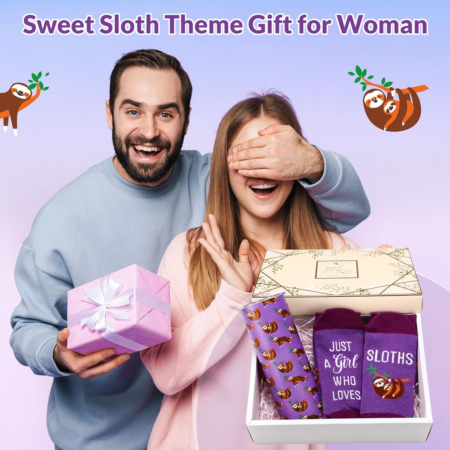 2 Pack Sloth Gifts Set Skinny Tumbler 20 oz Travel Coffee Mug Novelty Socks Cute Animals Socks, Christmas Birthday Gifts for Sloth Themed Party Favors - Image 2