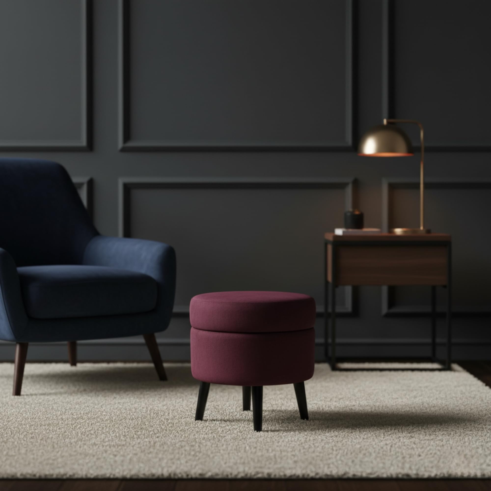 Pouf Contenitore in Velluto Color Bordeaux, Puffo Contenitore Rotondo, Pouf con Piedini in Legno, Pouffe Salotto 38x39 cm