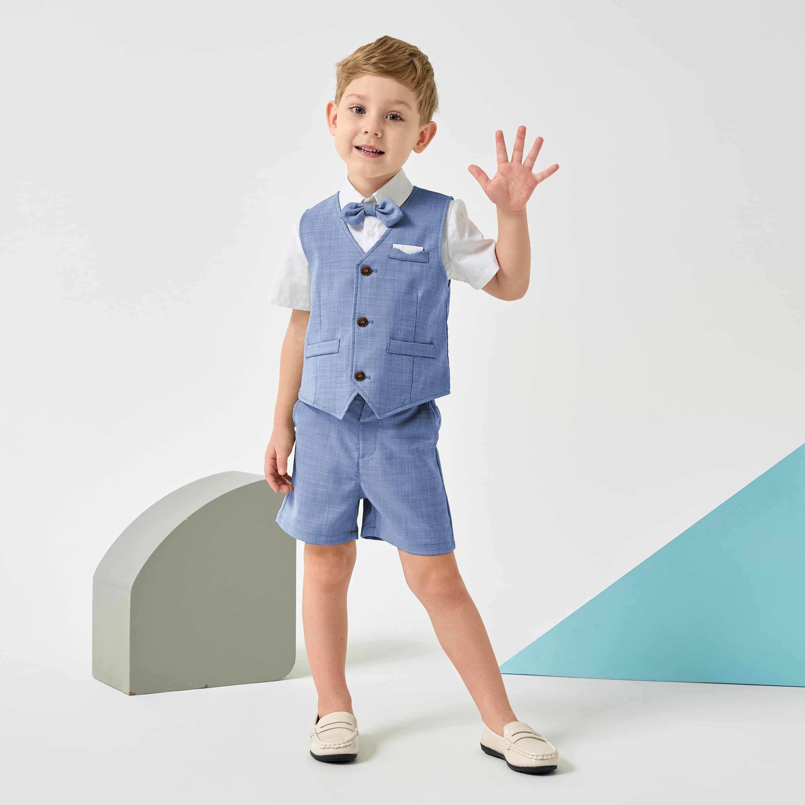 Volunboy Completo Elegante Bambino Camicie + Papillon + Gilet + Pantaloncini, Estivi Cerimonia Nozze Abbigliamento 4 Pezzi