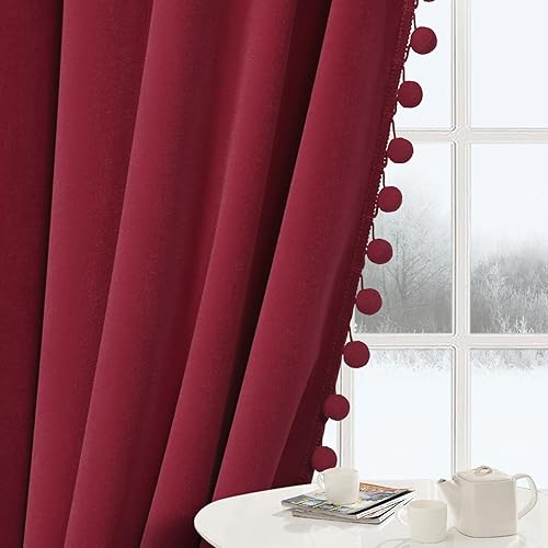 Miniatura 4 de Haperlare Cortinas de terciopelo con pompones de 96 pulgadas  Cortinas de terciopelo para ventana grande con borlas bohemias resistentes para