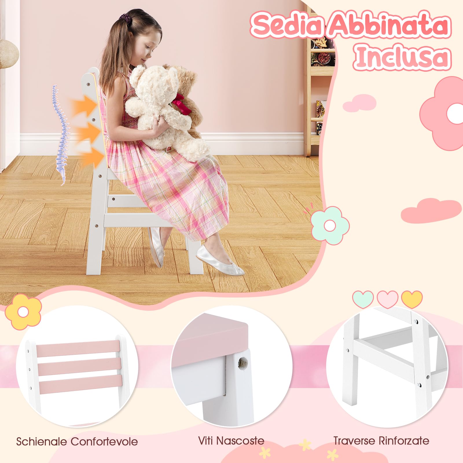 COSTWAY Toeletta Trucco per Bambina con Specchio a Luci LED, Specchiera Bambina con Sedia e 3 Giocattoli, Postazione Trucco in Legno con Ripiani Aperti e Cassetto, per Ragazza 3+ Anni (Bianco+Rosa)