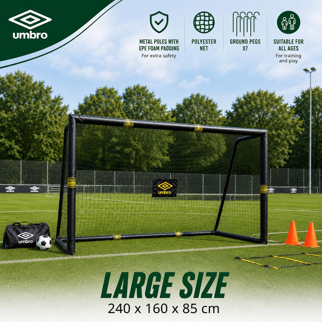 Umbro Bramka do piłki nożnej – bramka do piłki nożnej 240 x 160 x 8 cm – bramka do piłki nożnej – bramka do piłki nożnej do ogrodu, dla dzieci i dorosłych – akcesoria treningowe do użytku wewnątrz i