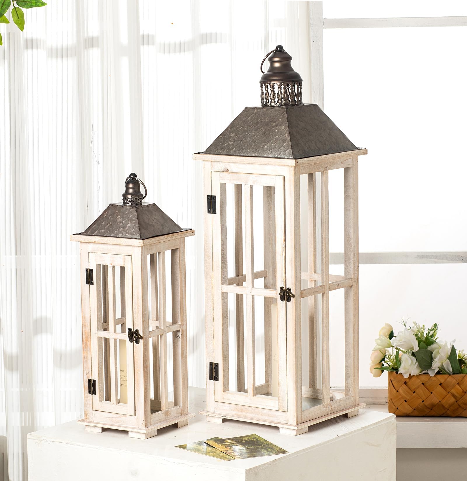 Melrose International Open Wood Lantern with Glass Hurricane (Set of 2)