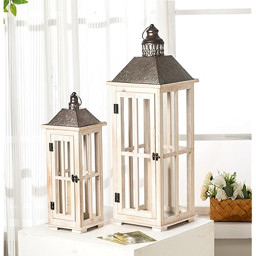 TIMRIS Large Rustic Wooden Decorative Lantern Set of 2, Modern Farmhouse Distressed Whitewash Floor Candle Lanterns, Indoor/Outdoor Hanging Lanterns for Home Decor (No Glass)