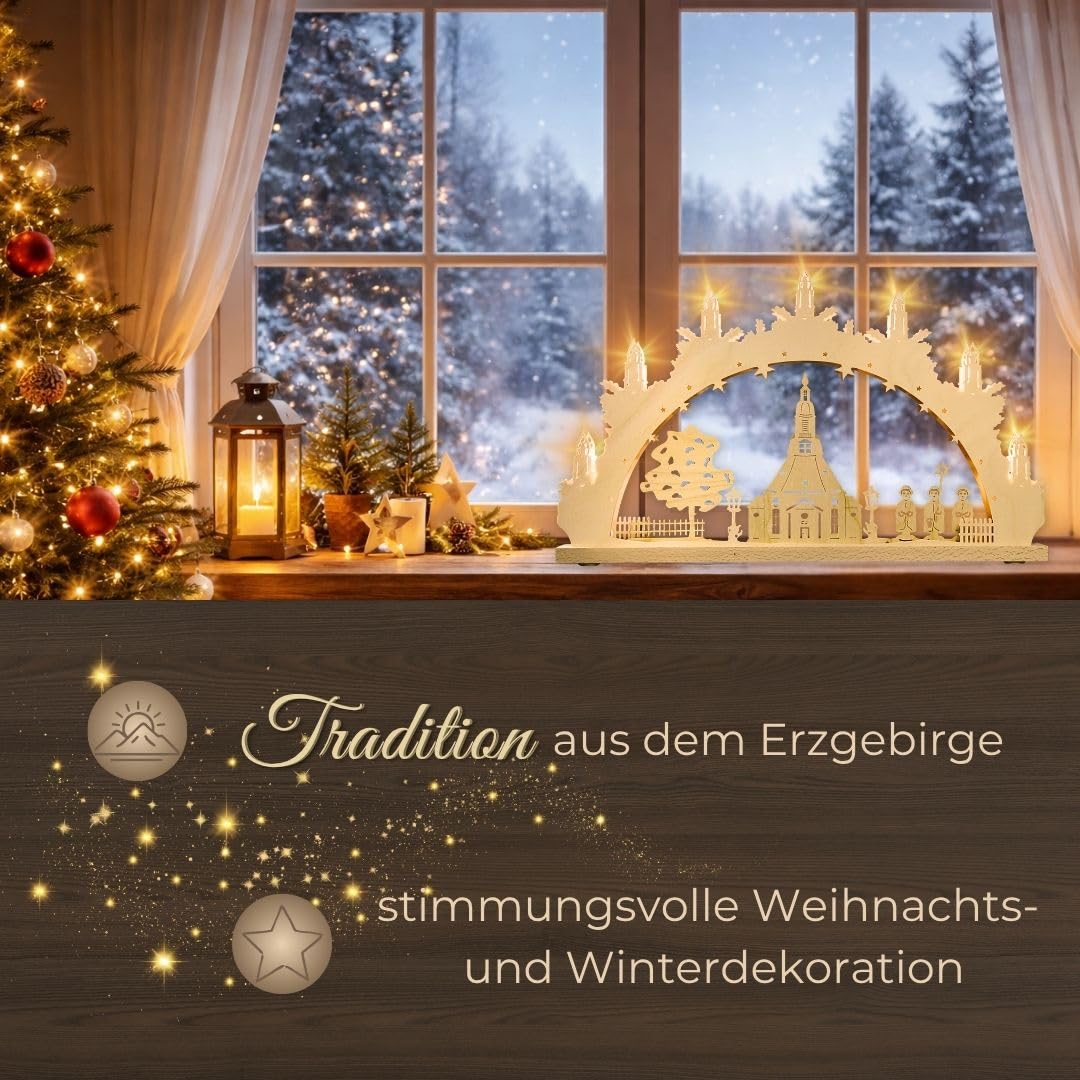 weigla - Schwibbogen original Erzgebirge I LED Lichterbogen Weihnachten I Motiv Seiffener Kirche I 7 Lampenkerzen + 1 Ersatzlampe I 7 x 34 V, 0,2 W, E10 I beleuchtete Weihnachtsdeko