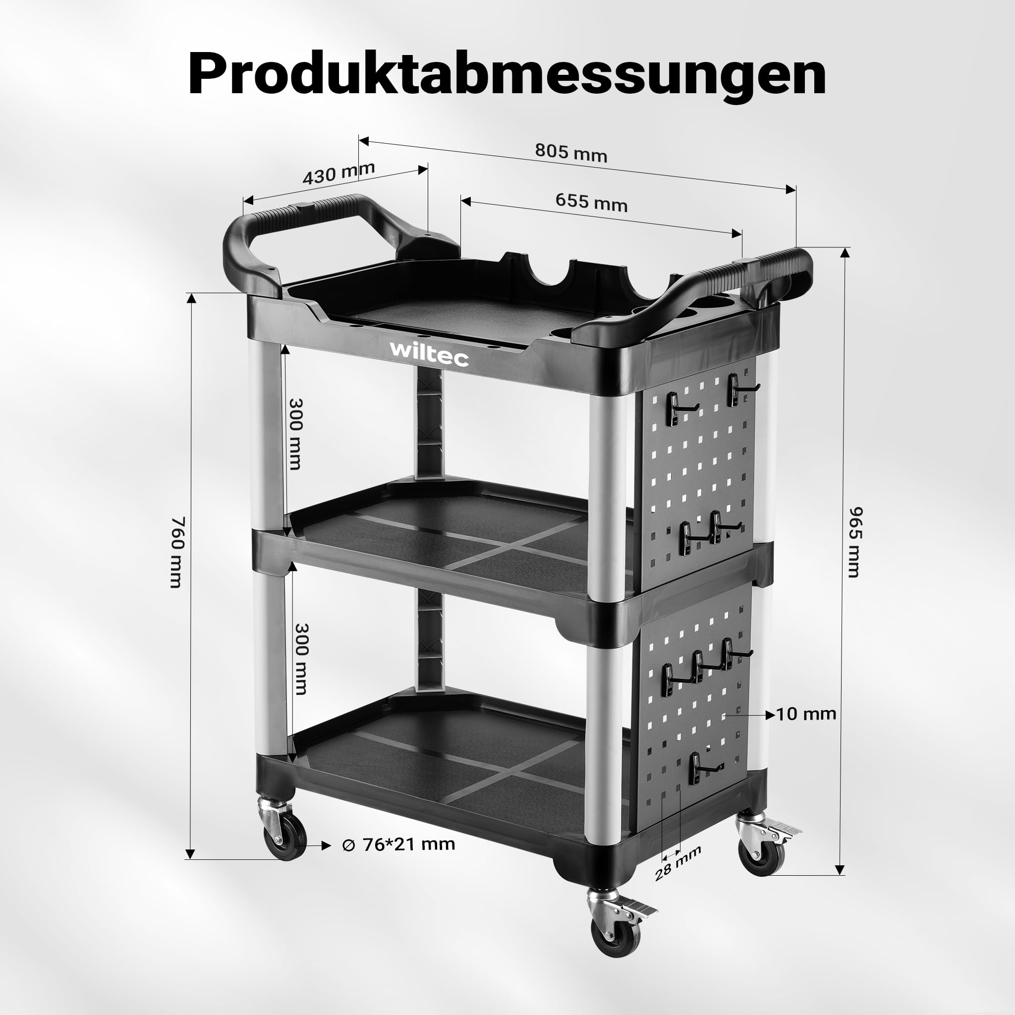Wiltec 3-Ebenen Rollwagen Typ 02 mit 120 kg Traglast, Werkstattwagen 67 x 43,5 x 97 cm aus Kunststoff