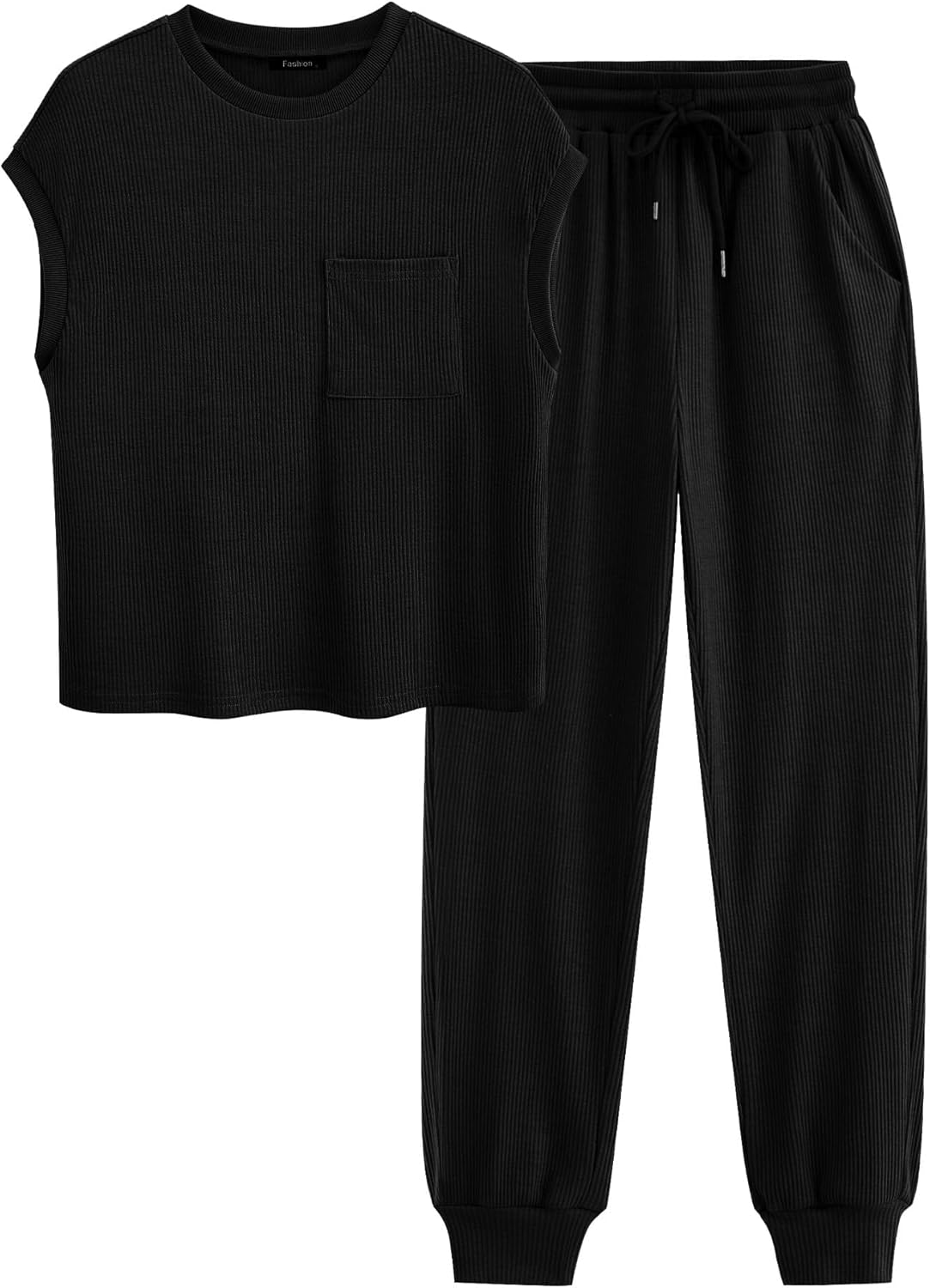BTFBM Women's Two Piece Tracksuit Short Sleeve Tops Long Pants With Drawstring Outfits Jogger Sets X-Large Solid Black size XL