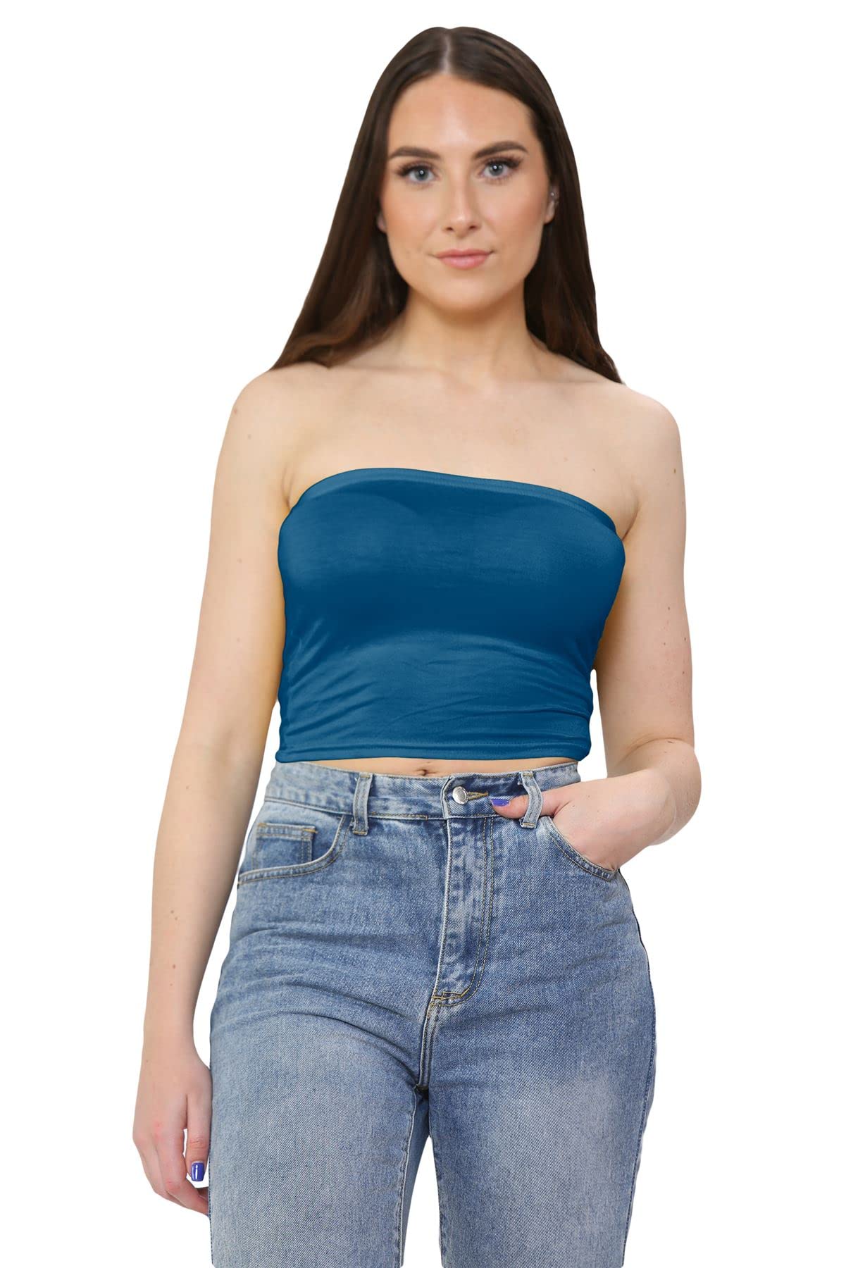 Janisramone Women's Teal Janisramone® Bandeau Crop Top, Stretchy Strapless Boob Tube Style Summer Tops - Crop Tops For Ideal Going Out Tops For Uk