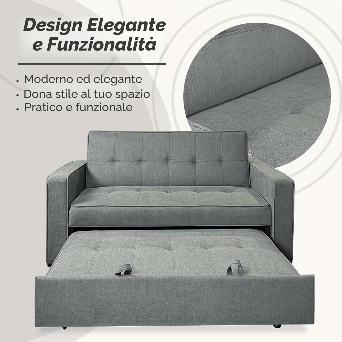 Somnia Descanso - Divano letto a 2 posti modello Volga, design moderno ed elegante | pratico e funzionale, con braccioli, grigio