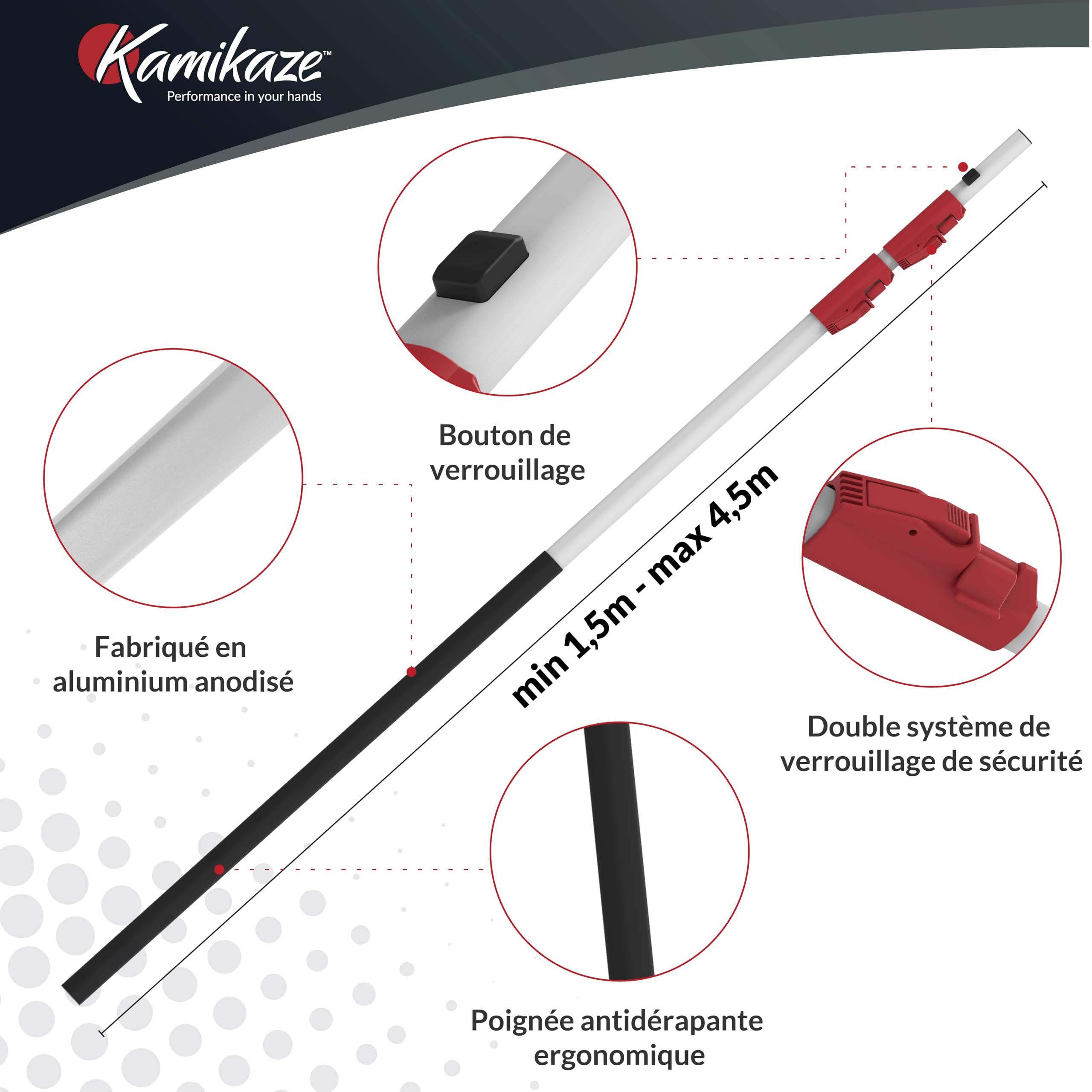 KAMIKAZE Perche multi-outils télescopique de 1,5 m en aluminium anodisé Poignées en polypropylène rouge compatible avec scies MT330-BH Turbo, MT360-BH Turbo et ciseaux MT-63