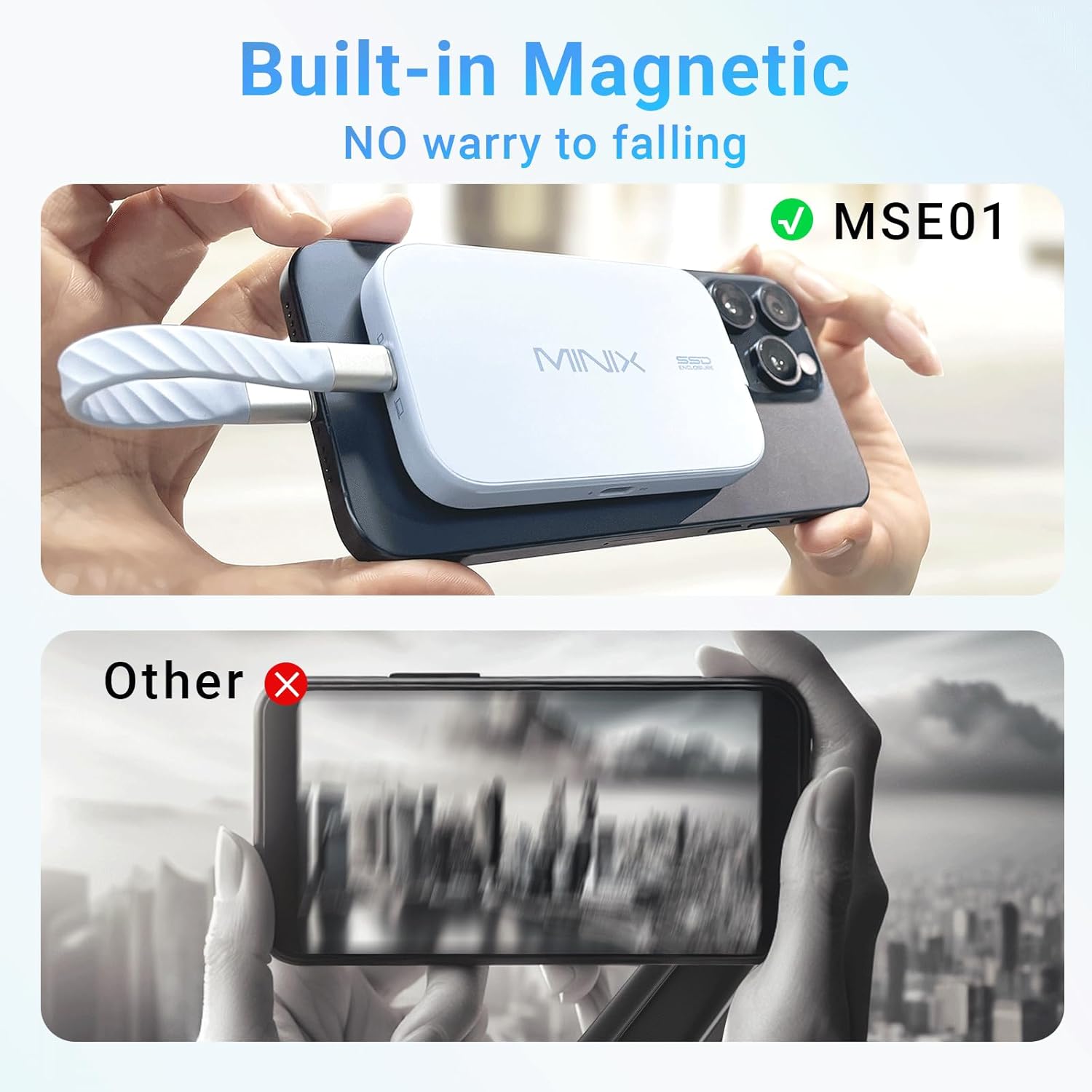 MINIX SSD Enclosure connected to an iPhone 15 Pro Max, demonstrating magnetic attachment and short cable connection.