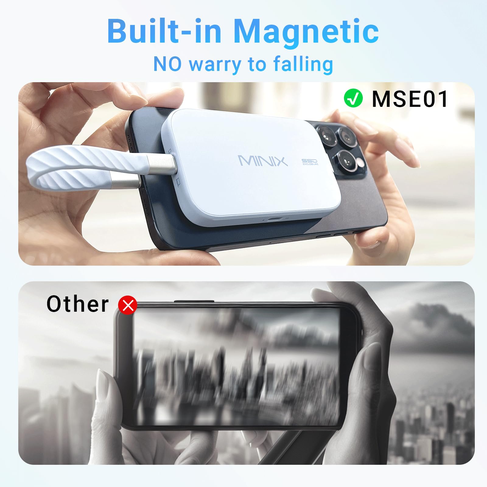 MINIX Magnetyczne obudowy M.2 2230 NVMe SSD tylko dla iPhone 15/16 Pro Max ProRes, port audio USB typu C 2.0, kompatybilne z iPad Pro, MacBook, laptop, PD 60W max, zewnętrzna obudowa SSD