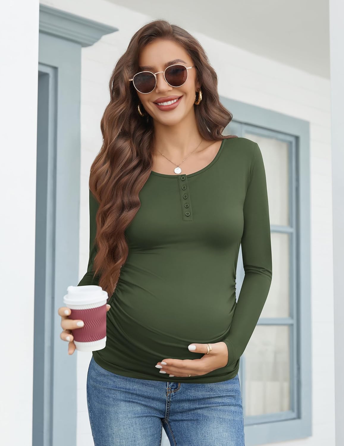 Ekouaer Women 3 Pack Maternity Shirts Long Sleeve Pregnancy Tops Button Down Postpartum Tees Scoop Neck Pregnant T Shirts - Image 2