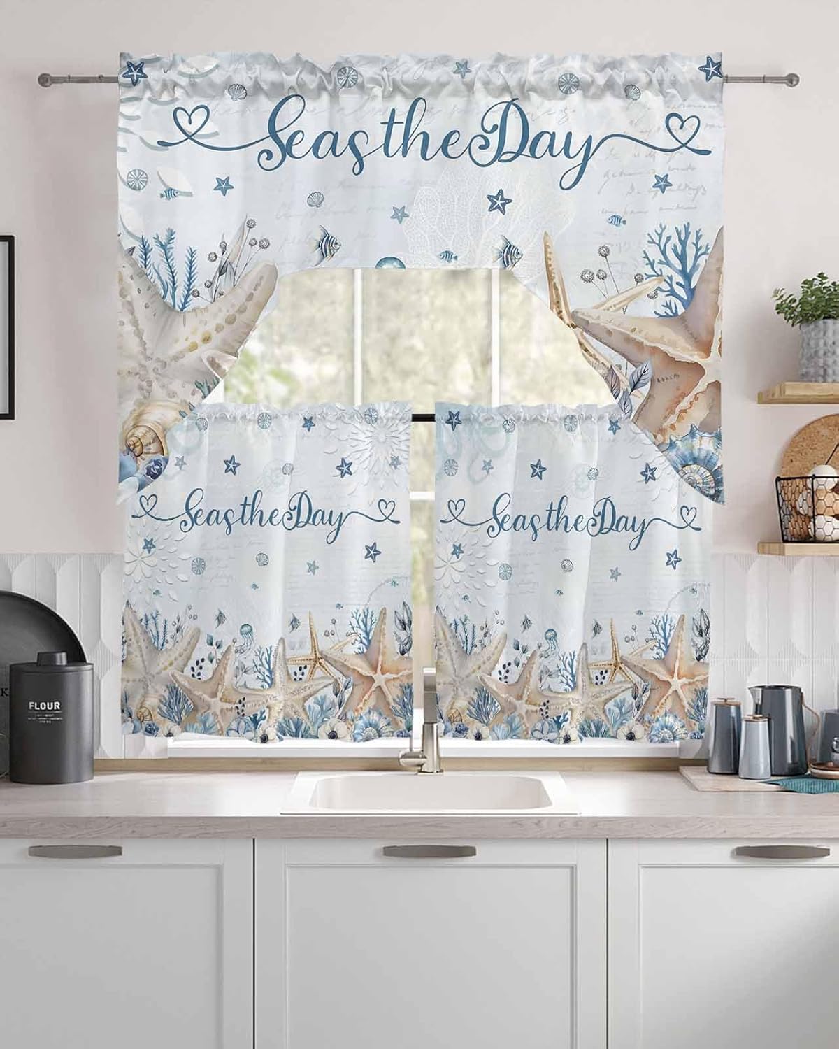 Blue Starfish Coastal Swag Curtains Valance and Tier Set, Rod Pocket Curtain Drapes for Bedroom Bathroom Sink Kitchen Curtains 3 Piece Set Nautical Summer Beach Ocean Coral Swag Valances and 36" Tiers