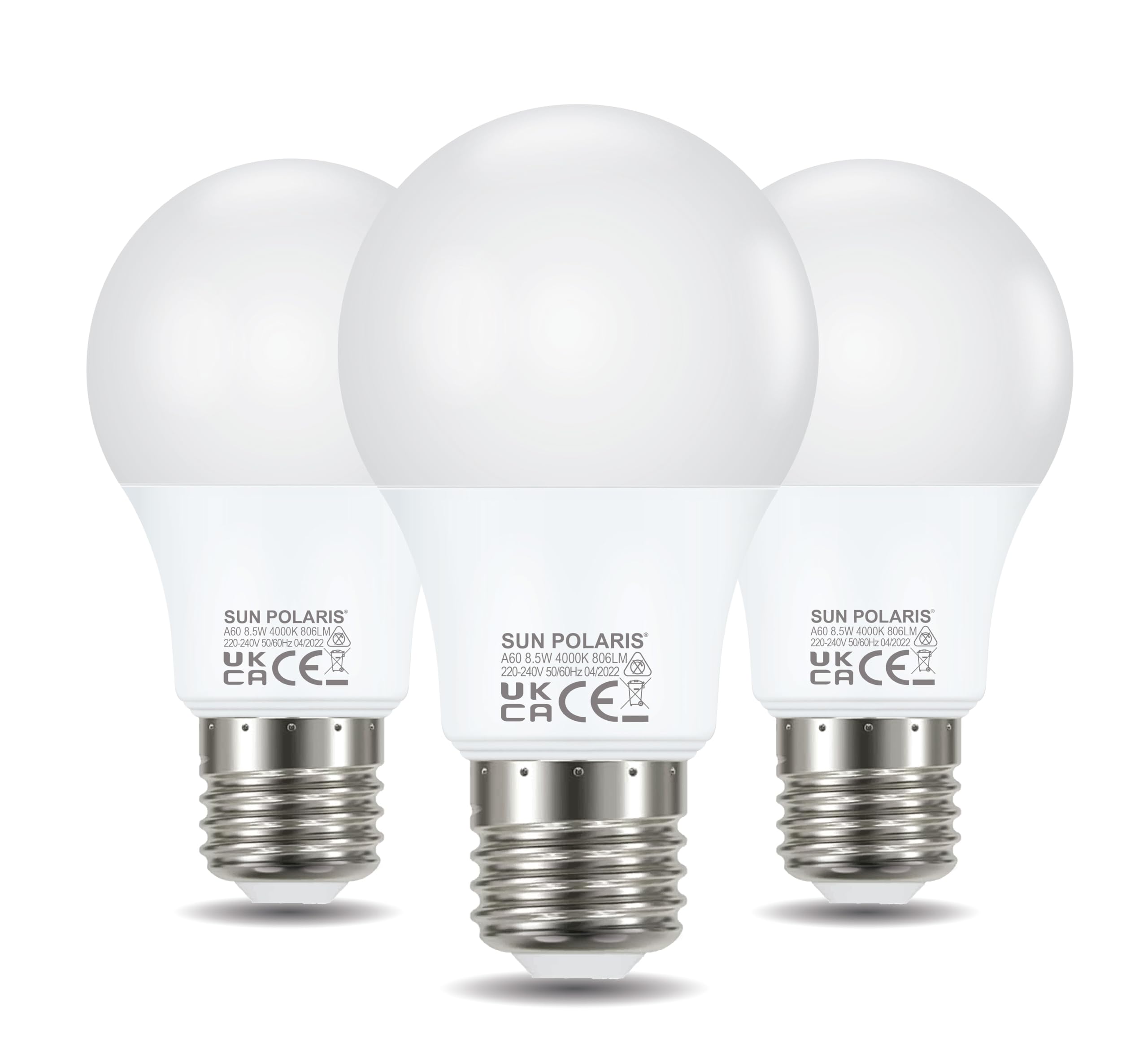 SUN POLARIS E27 Led Bulb Cool White - 4000k 60w Equivalent 8.5 Watt Edison Screw Lightbulbs, 806 Lumens Energy Saving Non Dimmable Standard GLS Lightbulb, Natural Bright Light Bulbs For Home Pack of 3