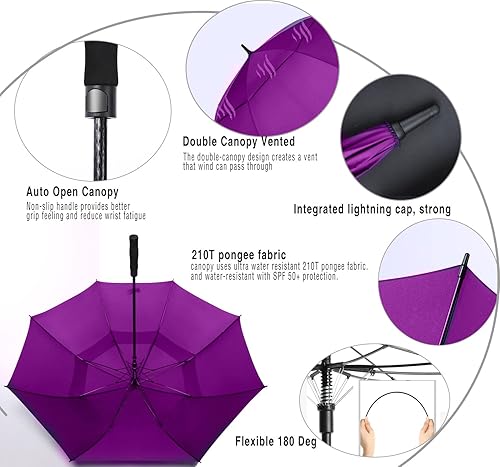 Miniatura 7 de MRTLLOA Paraguas para golf extragrande con apertura automática de 54, 62, 68 o 72 pulgadas, toldo doble ventilado, resistente al viento e