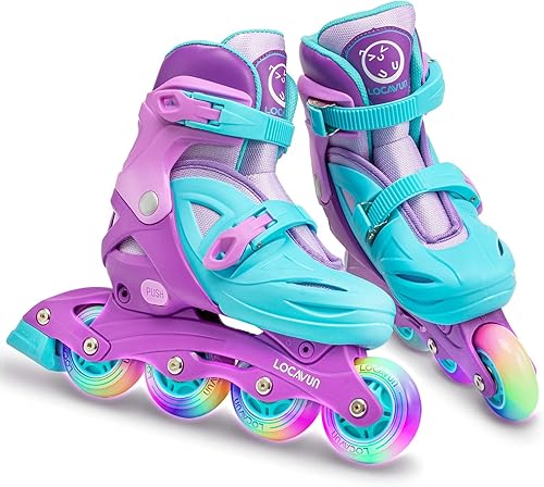Miniatura 1 de Patines en línea ajustables con luz para niños, mejor protección, patines de fitness para niñas y niños (morado, mediano - (EE.UU. 13C-3Y)) Azul