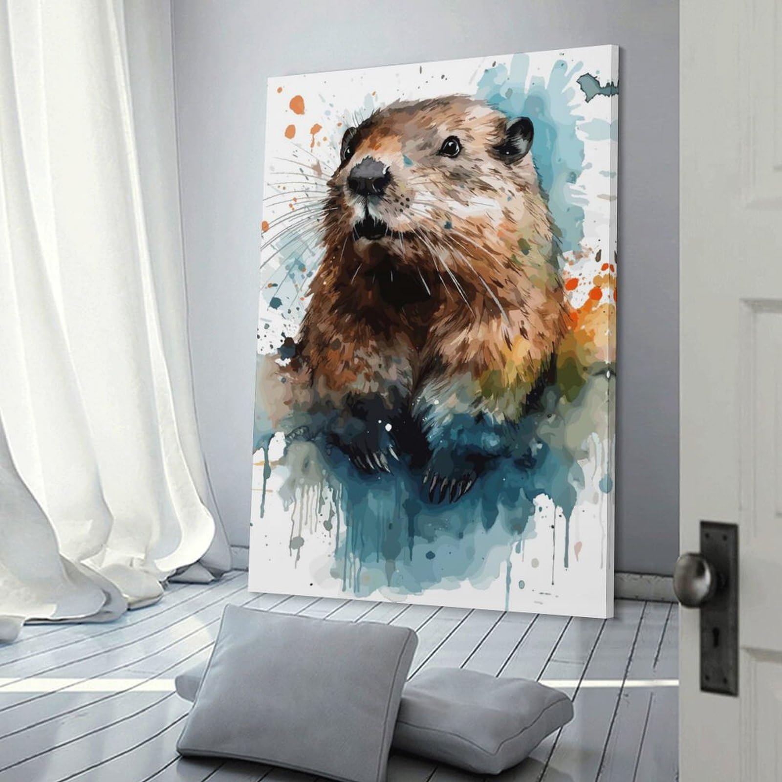 Junmoney Frame-Style-11 Room Decor Wall Art Watercolor Beaver Portrait, 24X36inch(60X90cm), For Gallery Wall Layouts In Home Or Office, Home Wall Art For Statement Displays