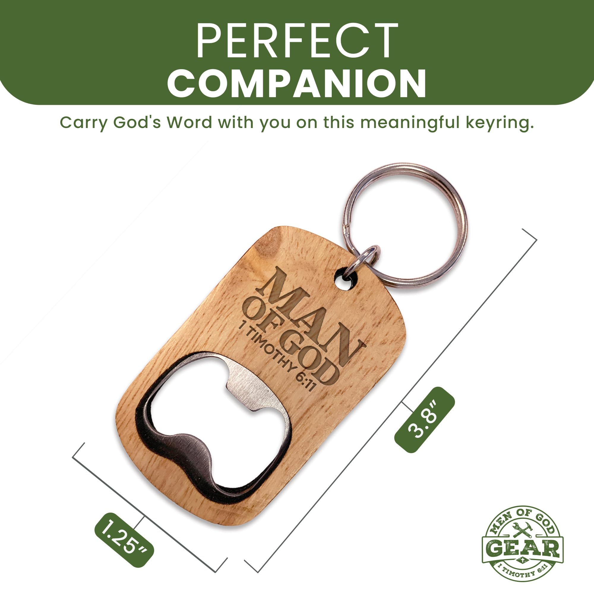 Bible Verse Bottle Opener Tool Keychain - Man of God, 1 Tim 6:11 Scripture - Oak Wood & Stainless Steel Mini EDC Keychain Tool for Bottled & Canned Beverages - Christian Pocket Tools For Men