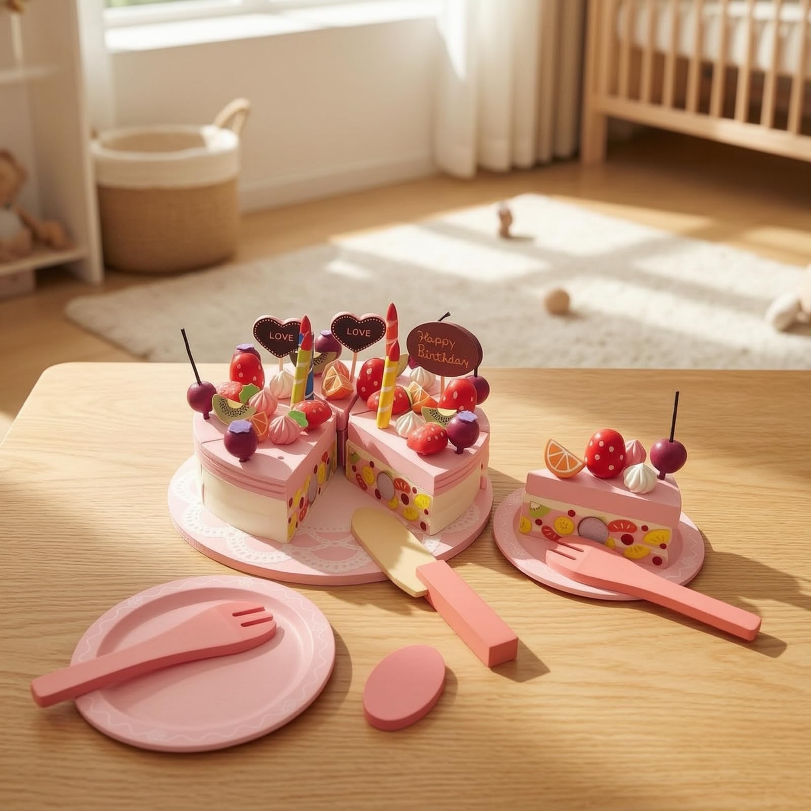 F Fityle Pastel de Cumpleaños de Juguete para Niños con Torta para Cortar Set de Cocina de Madera Platos Cuchillo y Cubiertos Decoraciones de Crema y Frutas
