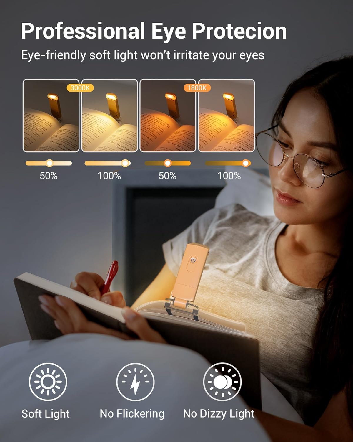 DEWENWILS USB Rechargeable Book Light, LED Clip on Reading Lights for Books in Bed at Night, Portable Bookmark Lamps, 4 Brightness Adjustable, Perfect for Bookworms, Kids (Peach Fuzz)