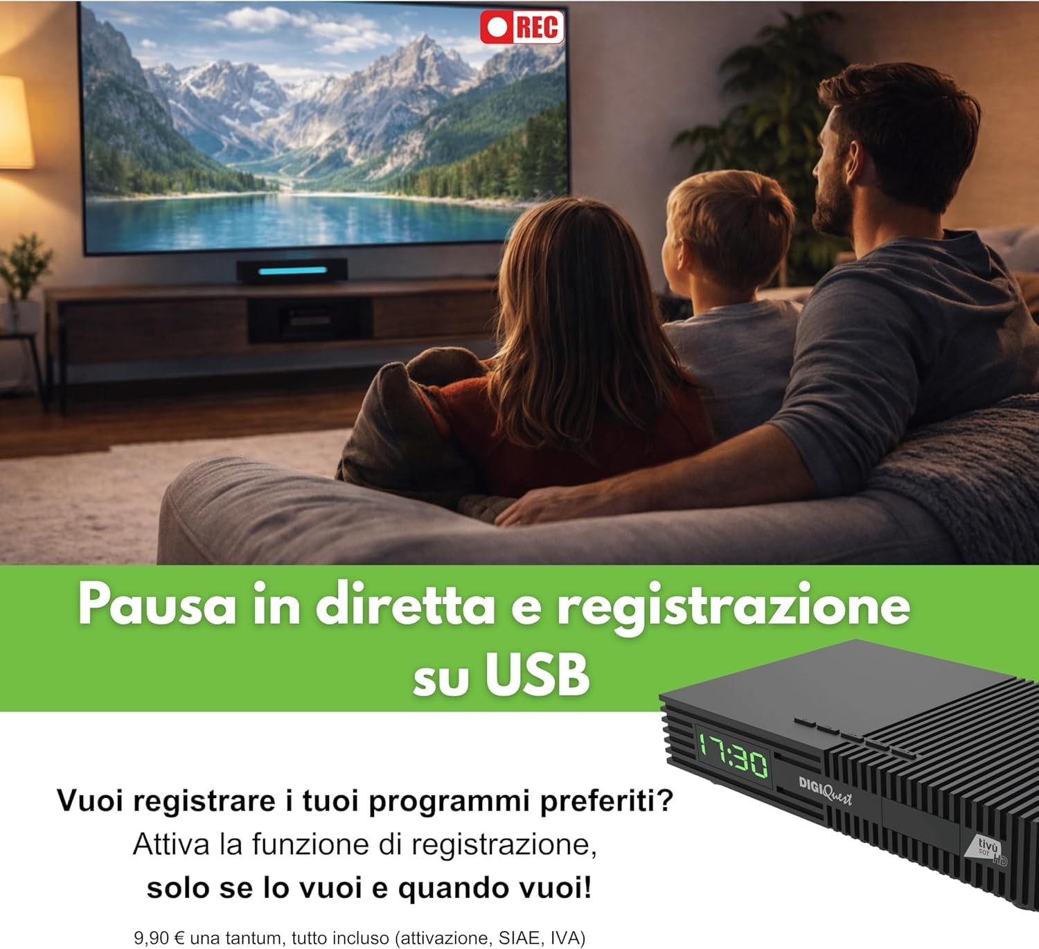 DIGIQUEST Décodeur Tivùsat Ti9, DVB-S2 | VOITURE INSTALLANTE | Double télécommande 2 en 1 dont une avec grandes touches | Carte intelligente Tivùsat incluse | HDR |Fonction d'enregistrement activable