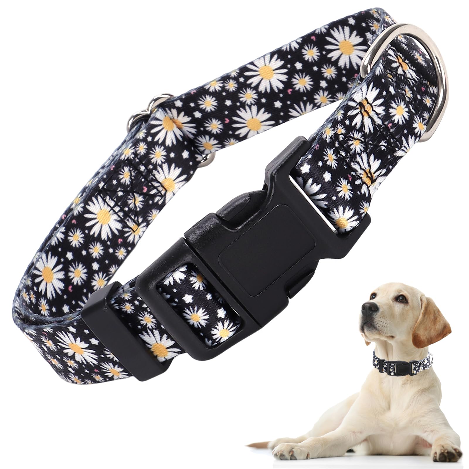 Dog Collars for Large Dogs with Daisy Patterns, Cute Dog Collar Buckle Collar for Boy Girl Dogs, Adjustable Comfy Soft Durable Pet Collar for XS Small