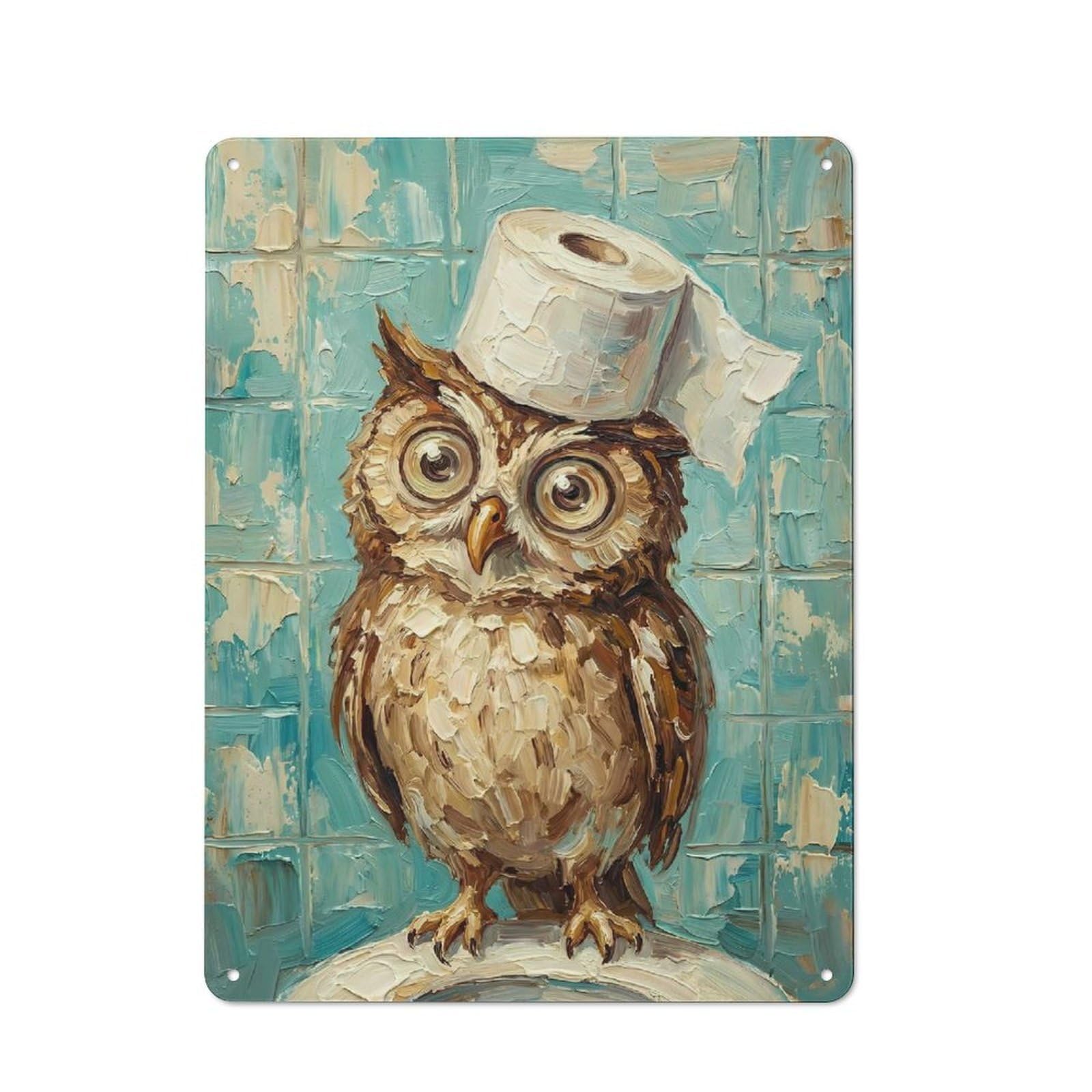 Shop Front Style Owl with Toilet Paper Cafe Metal Sign 40x30cm, Bistro Wall Plaque for Tea Room, Shop Wall Or Breakfast Area