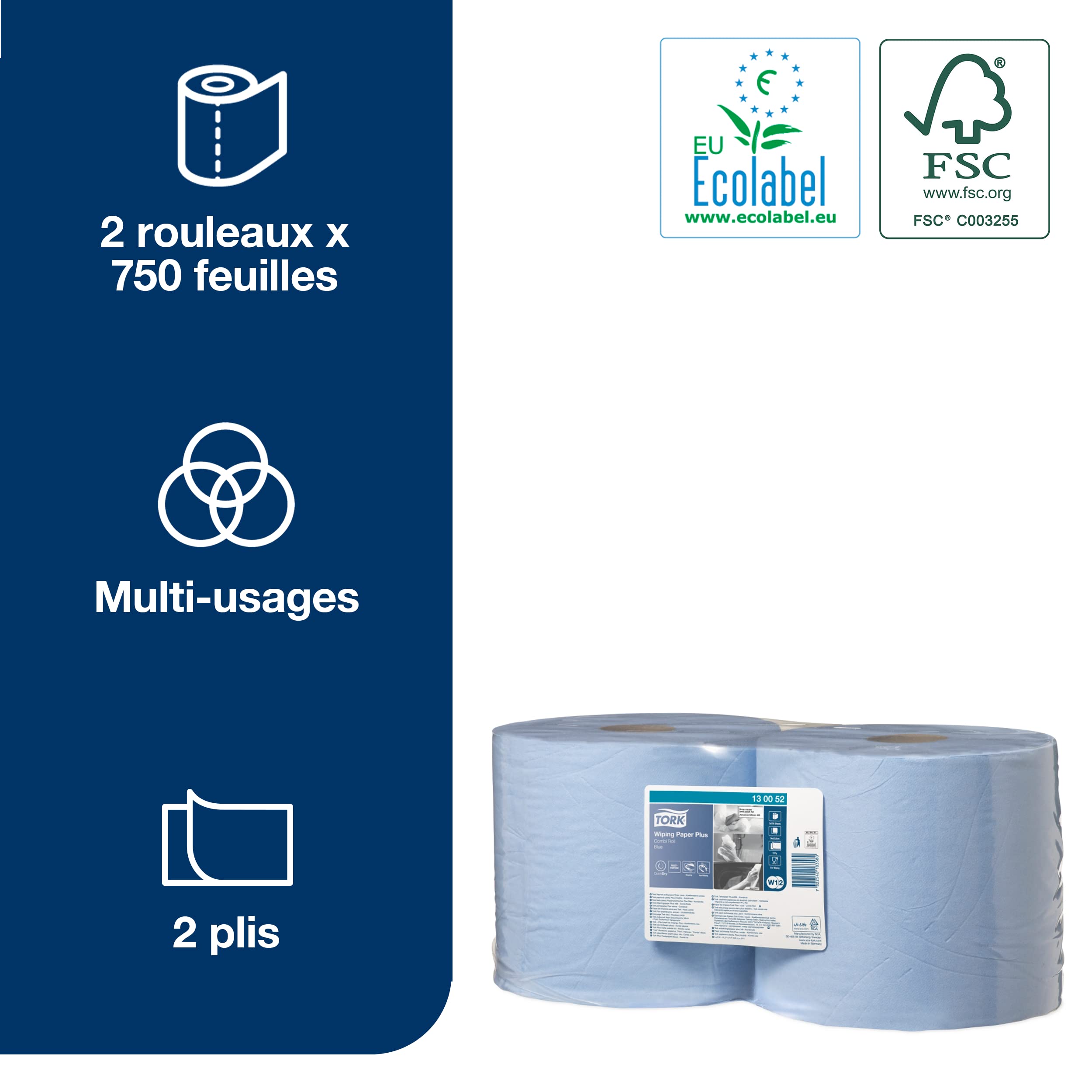 Tork 130052 Papier d'essuyage Premium Plus W1-W2 - 225 m x 23,5 cm - lot de 2 - Bleu