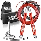 PrimaFIT Pro Speed Corde à Sauter Crossfit Adulte Lestée Jump Rope pour Sport Homme y Femme, Fitness Musculation, Boxe, Aluminum, Réglable, Vitesse Roulements à Billes,2 Acier Câble de Rechange/Poids Rouge
