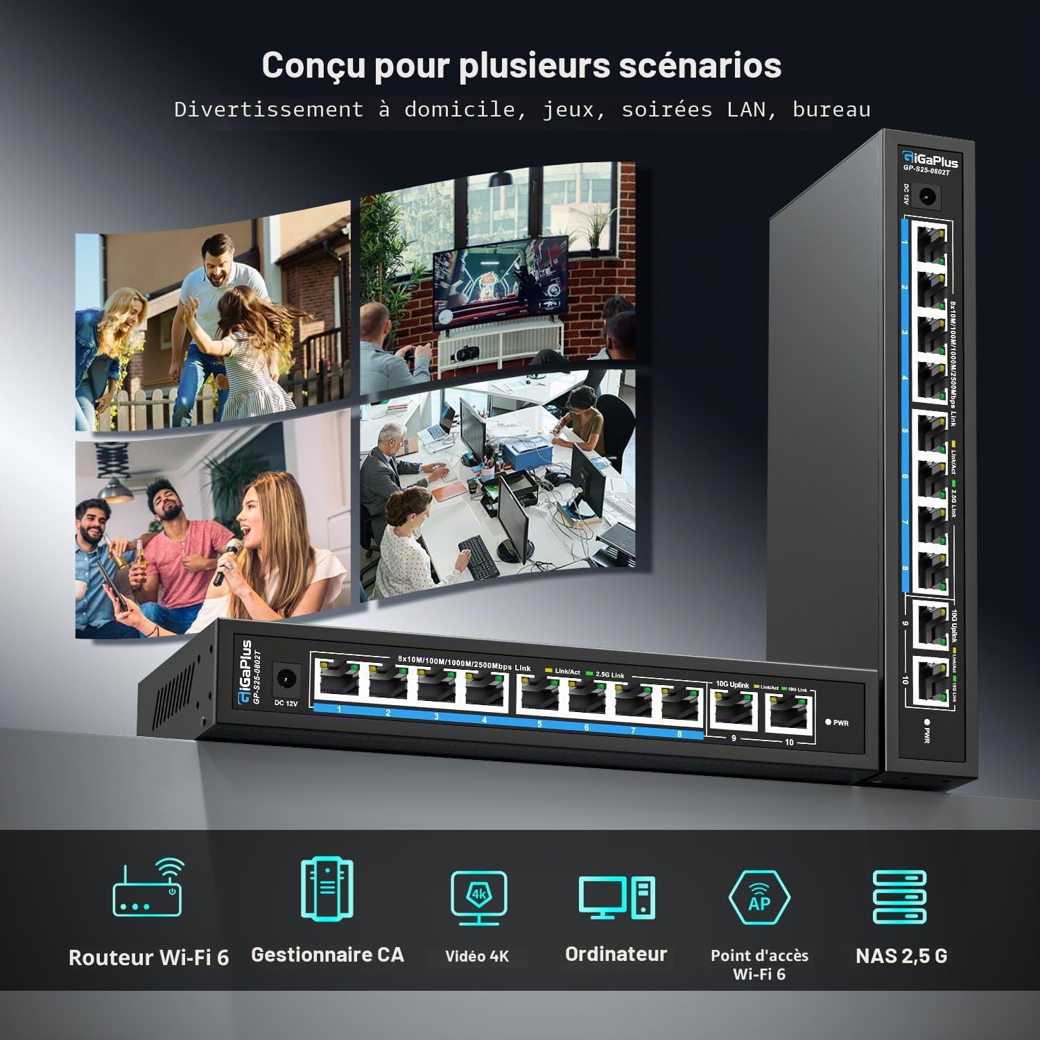 Switch Ethernet Non administrable 10 Ports 10Gb avec 8 Ports 2.5G Base-T et 2 Ports RJ45 10G. Capacité de Commutation de 80Gbit/s. Switch réseau GiGaPlus 10Gbit/s pour NAS/PC 2.5G/10Gbit/s