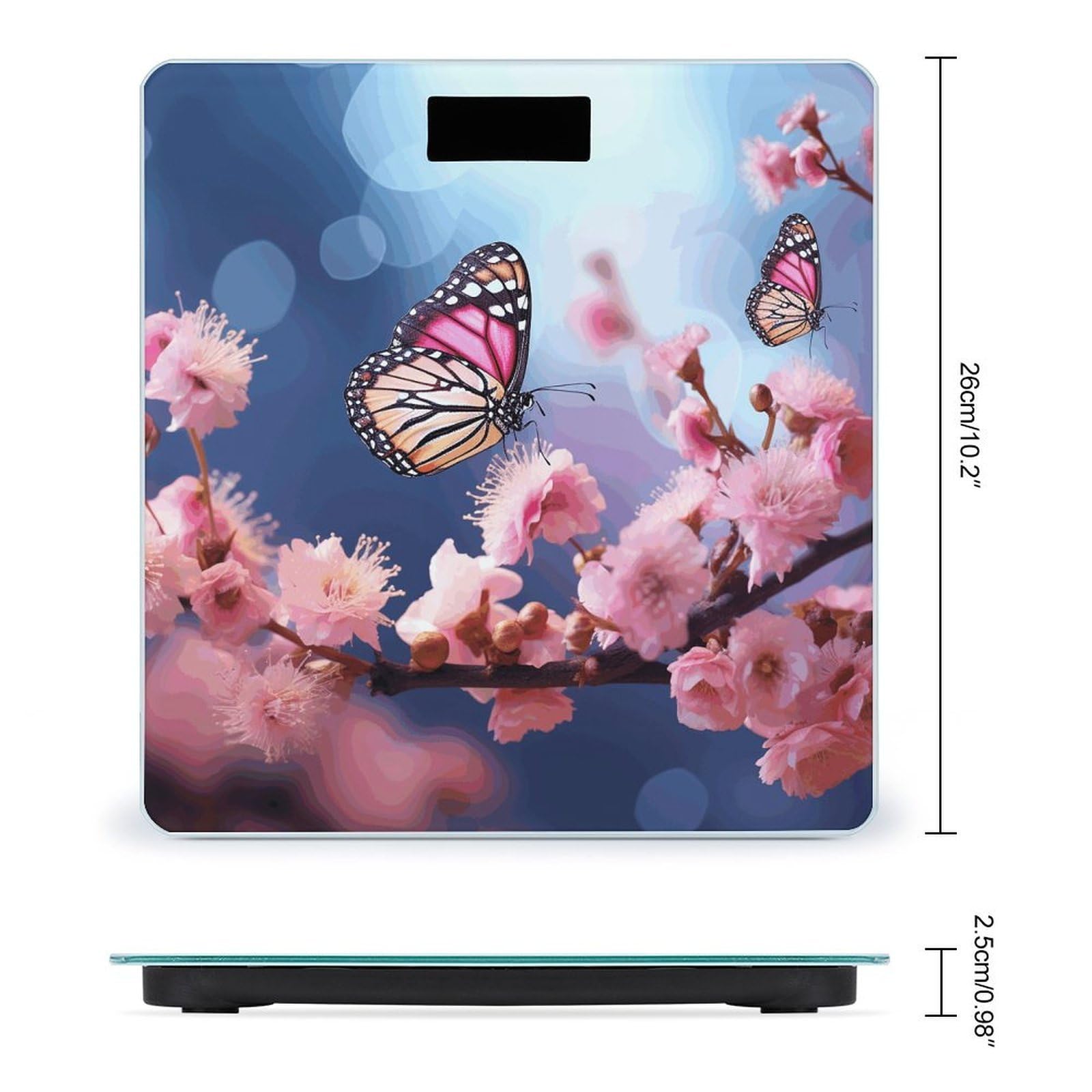 Bilancia digitale da bagno con fiori rosa e farfalle, bilancia digitale ad alta precisione, con display LCD trasparente BMI e misure step-on, peso fino a 180 kg