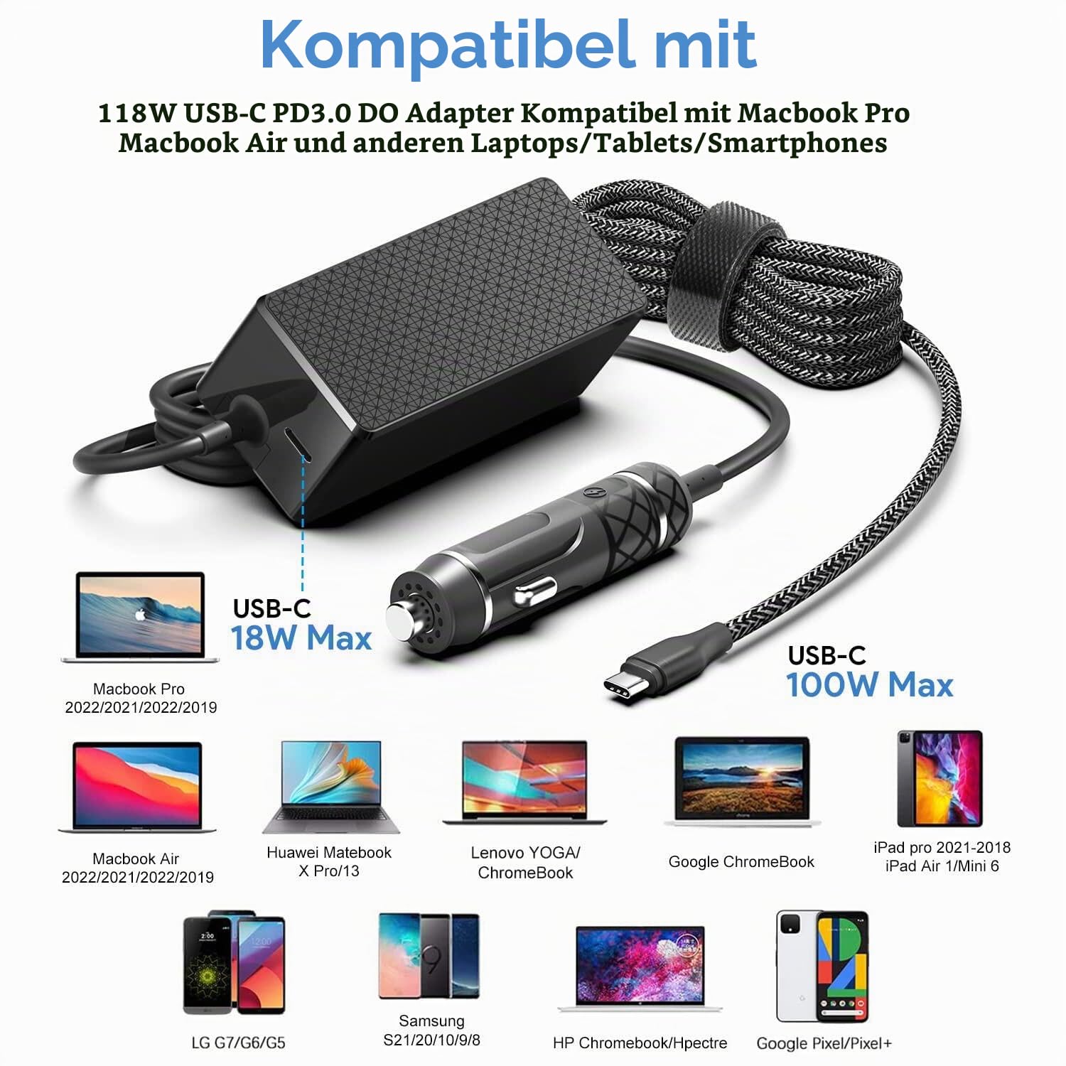 KFD 118W USB-C KFZ Ladegerät Auto Ladekabel DC 12V-24V Netzteil für MacBook Air Pro, Dell XPS, HP Spectre Chromebook 2023 2022 2021 Lenovo Car Charger PD3,0 100W 96W Laptop Adapter Zigarettenanzünder
