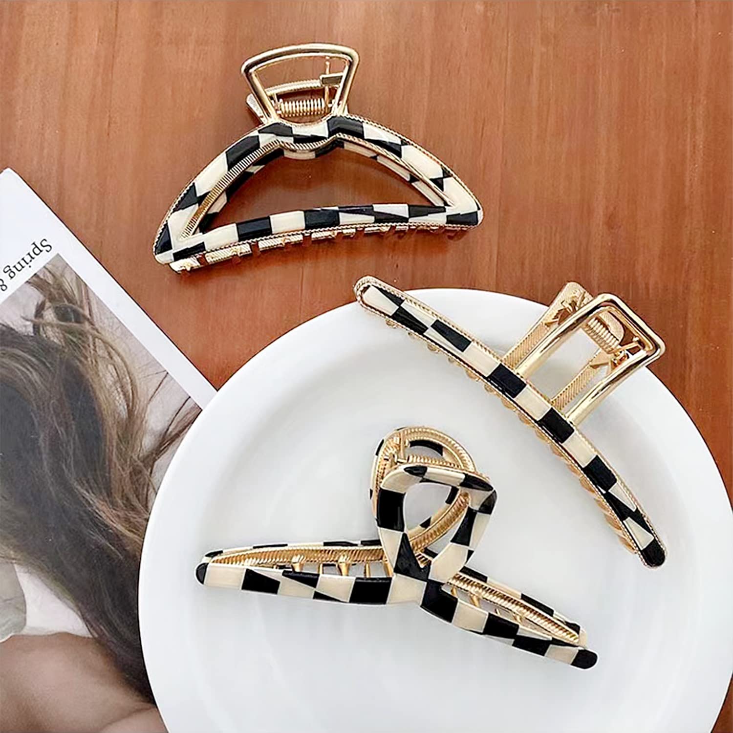 Big Hair Claw Clips Checker Claw Butterfly Barrettes Claw Clips for Women Lattice Design Acetate Claw Clips Metal Hair Clip for Girls Large Hair Accessories for Long Thick Hair 3 Pcs