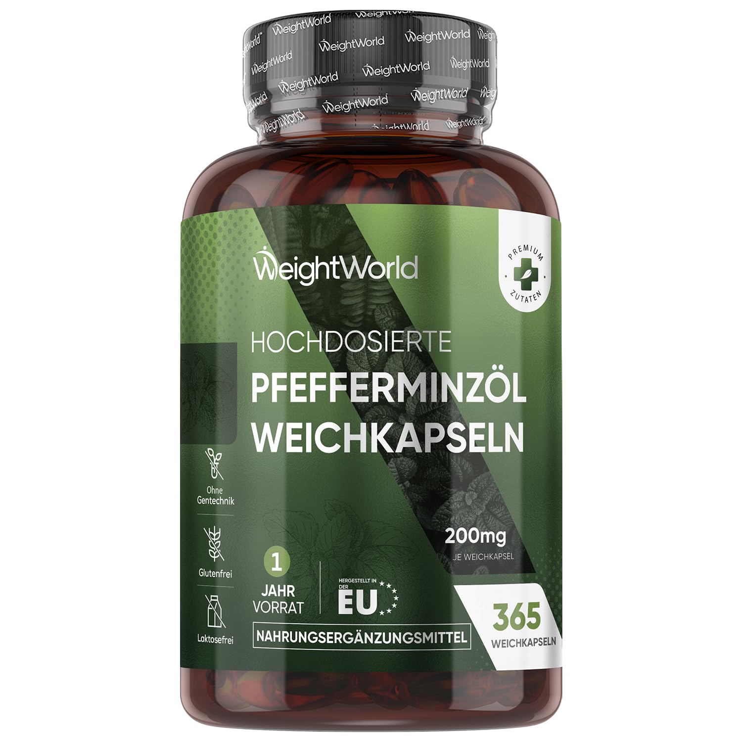 Pfefferminzöl Weichkapseln - 200mg Pfefferminz Öl pro Softgel - 365 Pure Peppermint Oil Weichkapseln - 1 Jahr Vorrat - Glutenfrei, Laktosefrei & Ohne Gentechink - Pfefferminze - WeightWorld