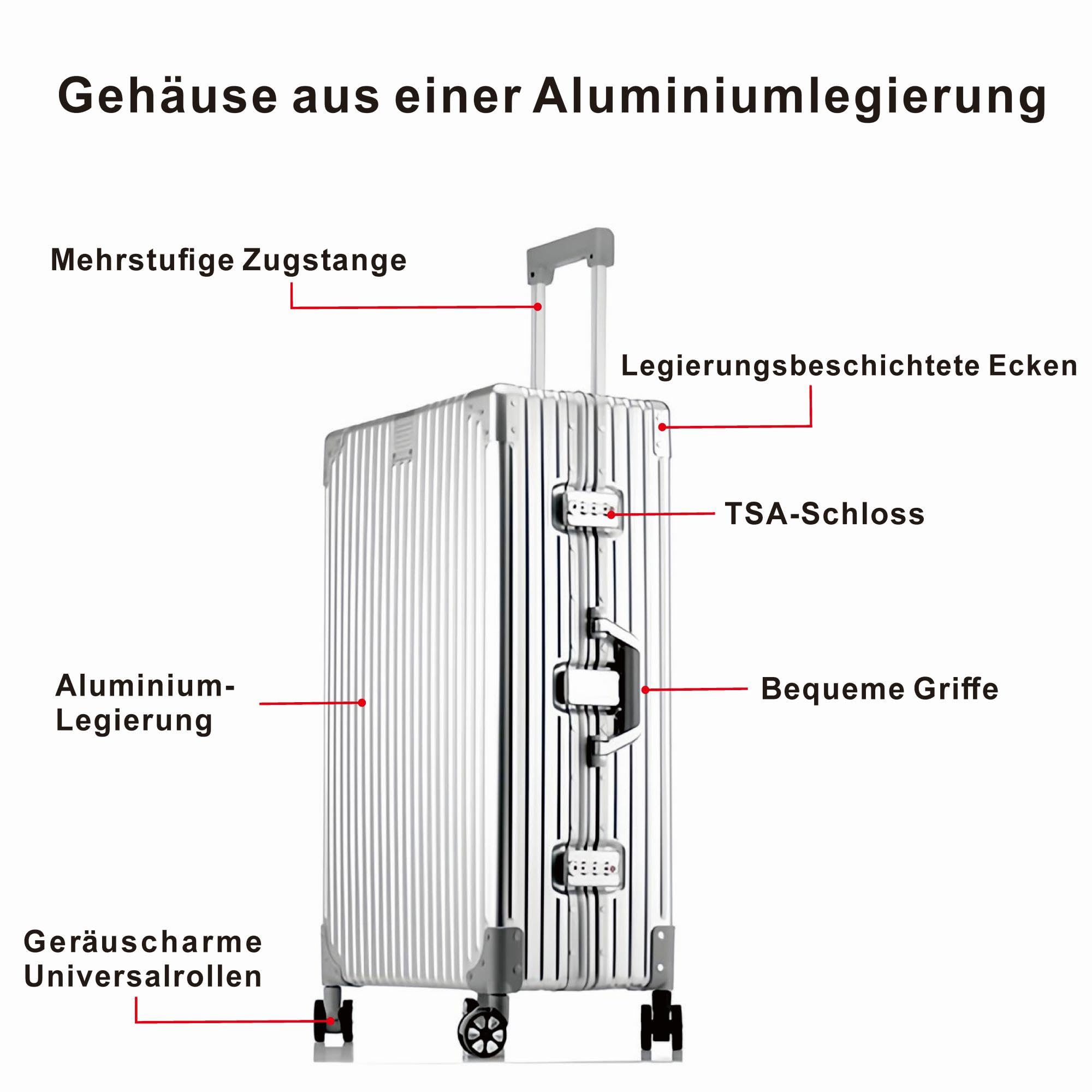 Valigia da viaggio in alluminio, con manico telescopico, TSA, 4 ruote, argento, L, Trolley rigido in alluminio con ruote orientabili