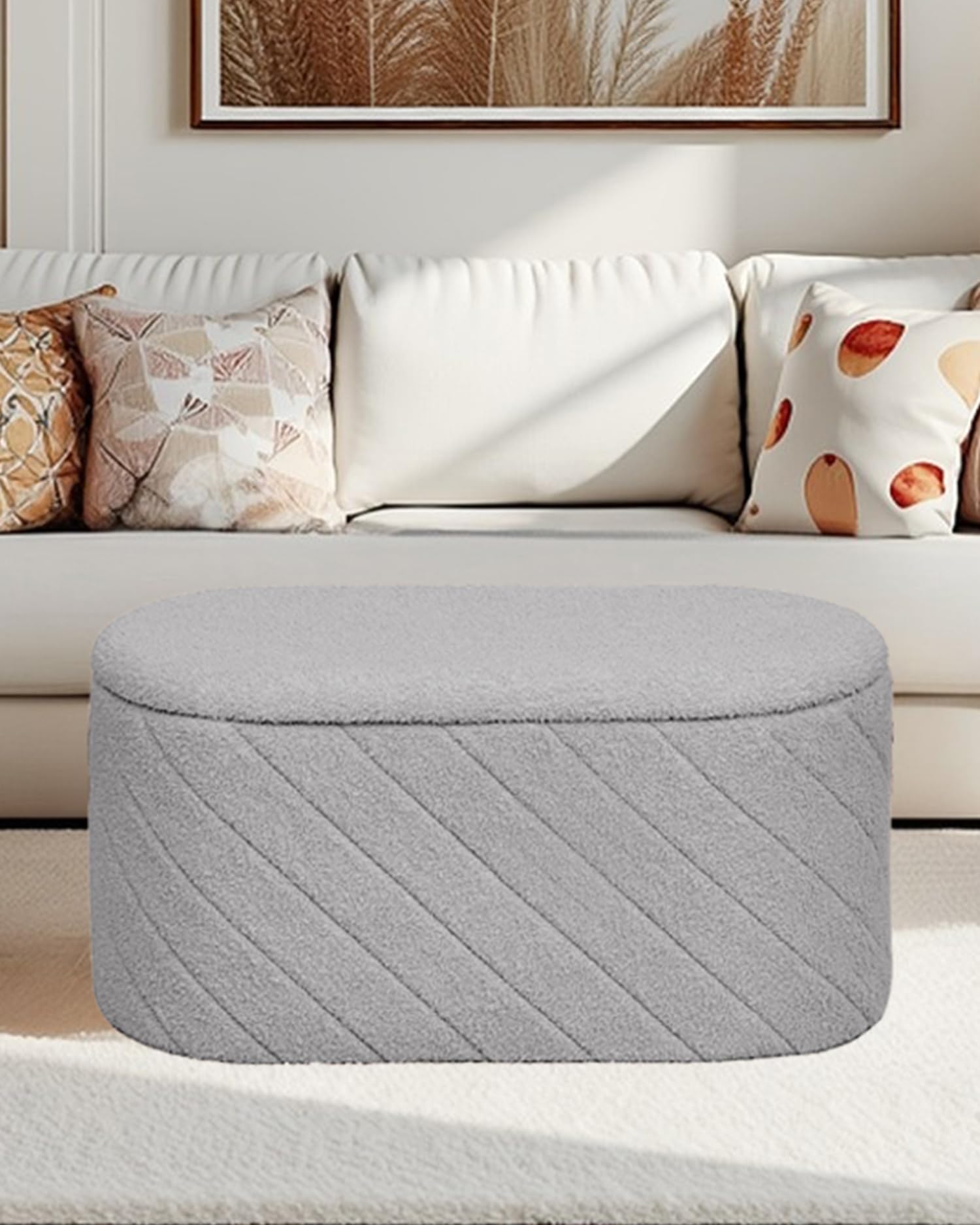 Bonlife Panca ovale con vano portaoggetti, poggiapiedi pieghevole con coperchio, Boucle Bank per piedi del letto, sgabello per soggiorno, camera da letto, ingresso, grigio, 76x38x38 cm
