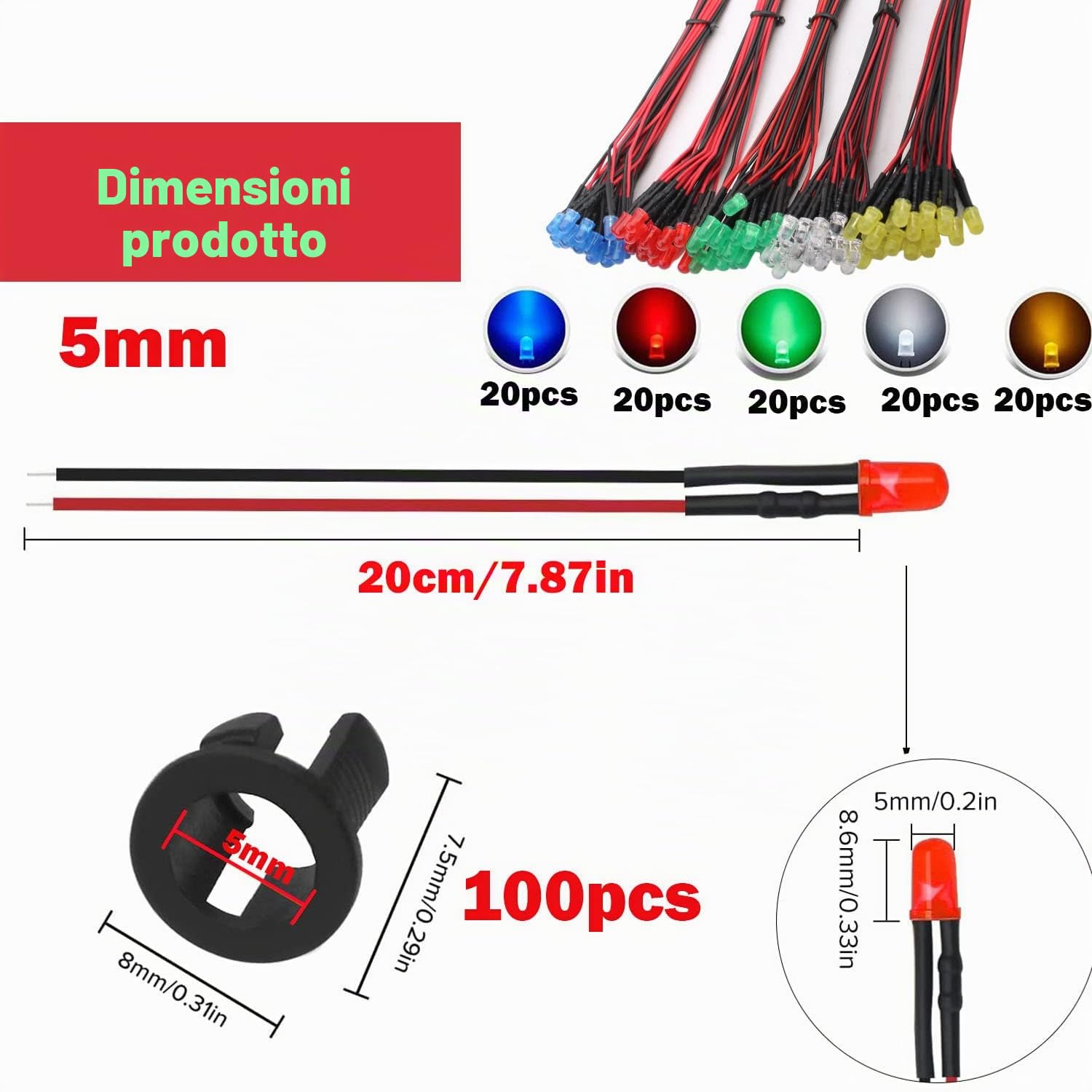 RUNCCI-YUN 100 Pezzi 5 Colori 12V LED Diodi ad Emissione, 5mm Luminosa Luce a Diodi LED Precablata, Led Modellismo + 100Pezzi 5mm Supporto in Plastica del Diodo(Bianca, Rosso, Blu, Verde, Giallo)